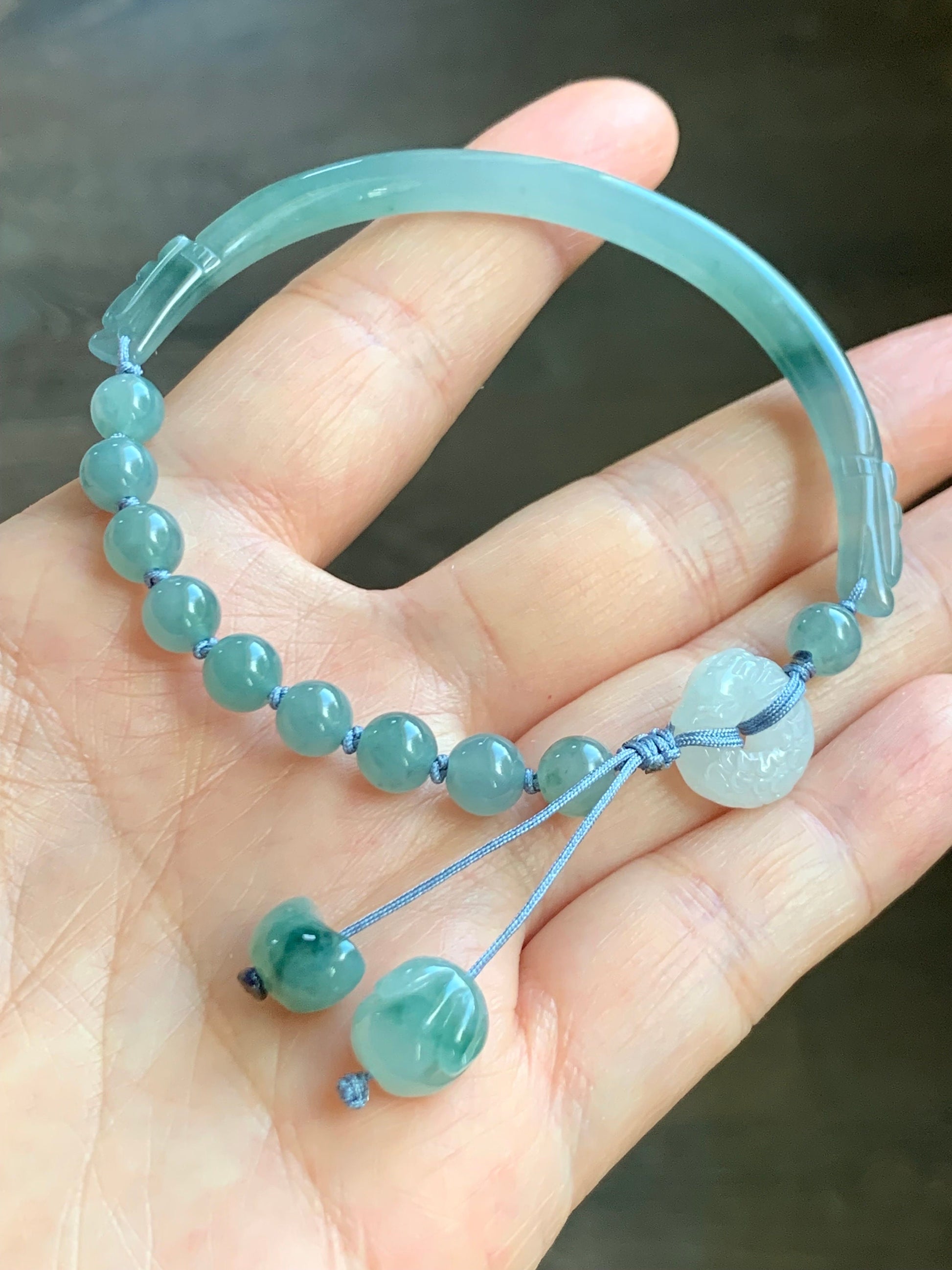 Natural Guatemalan Icy Light Dusty Blue Jadeite w/ Teal Marbling Open Bangle Bracelet Dragon Rabbit Moon Charms 7.5” 14g 天然冰胶危篮飘花翡翠半镯龙圈月亮兔手串