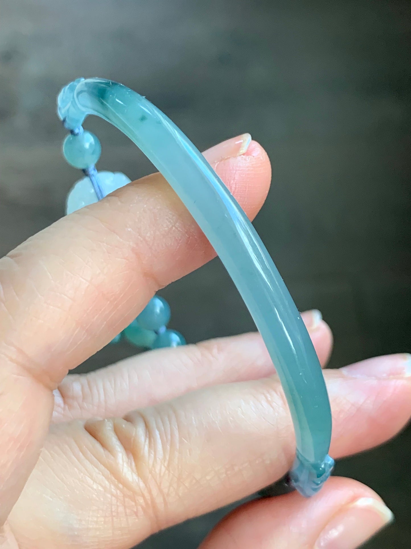 Natural Guatemalan Icy Light Dusty Blue Jadeite w/ Teal Marbling Open Bangle Bracelet Dragon Rabbit Moon Charms 7.5” 14g 天然冰胶危篮飘花翡翠半镯龙圈月亮兔手串