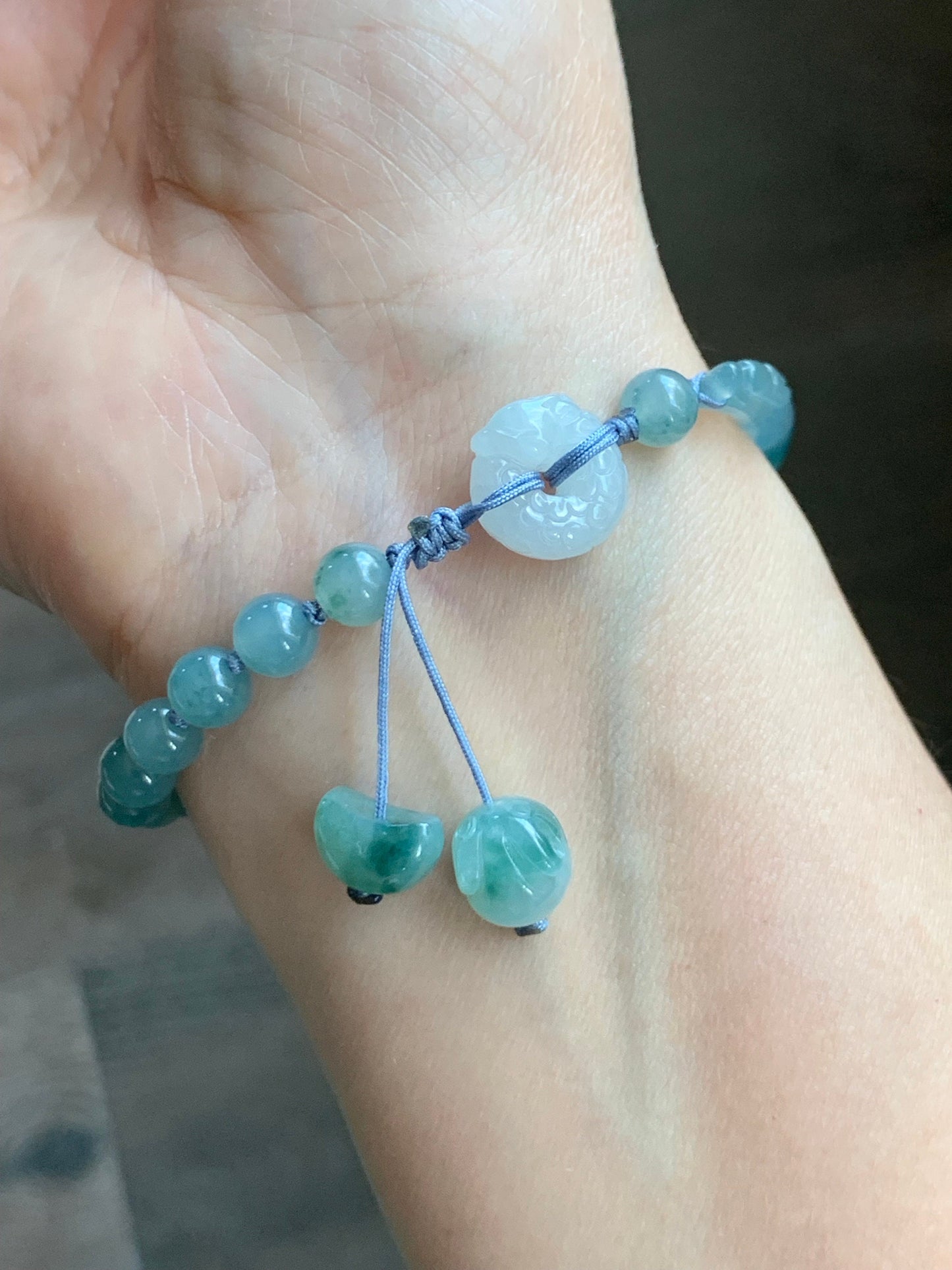 Natural Guatemalan Icy Light Dusty Blue Jadeite w/ Teal Marbling Open Bangle Bracelet Dragon Rabbit Moon Charms 7.5” 14g 天然冰胶危篮飘花翡翠半镯龙圈月亮兔手串