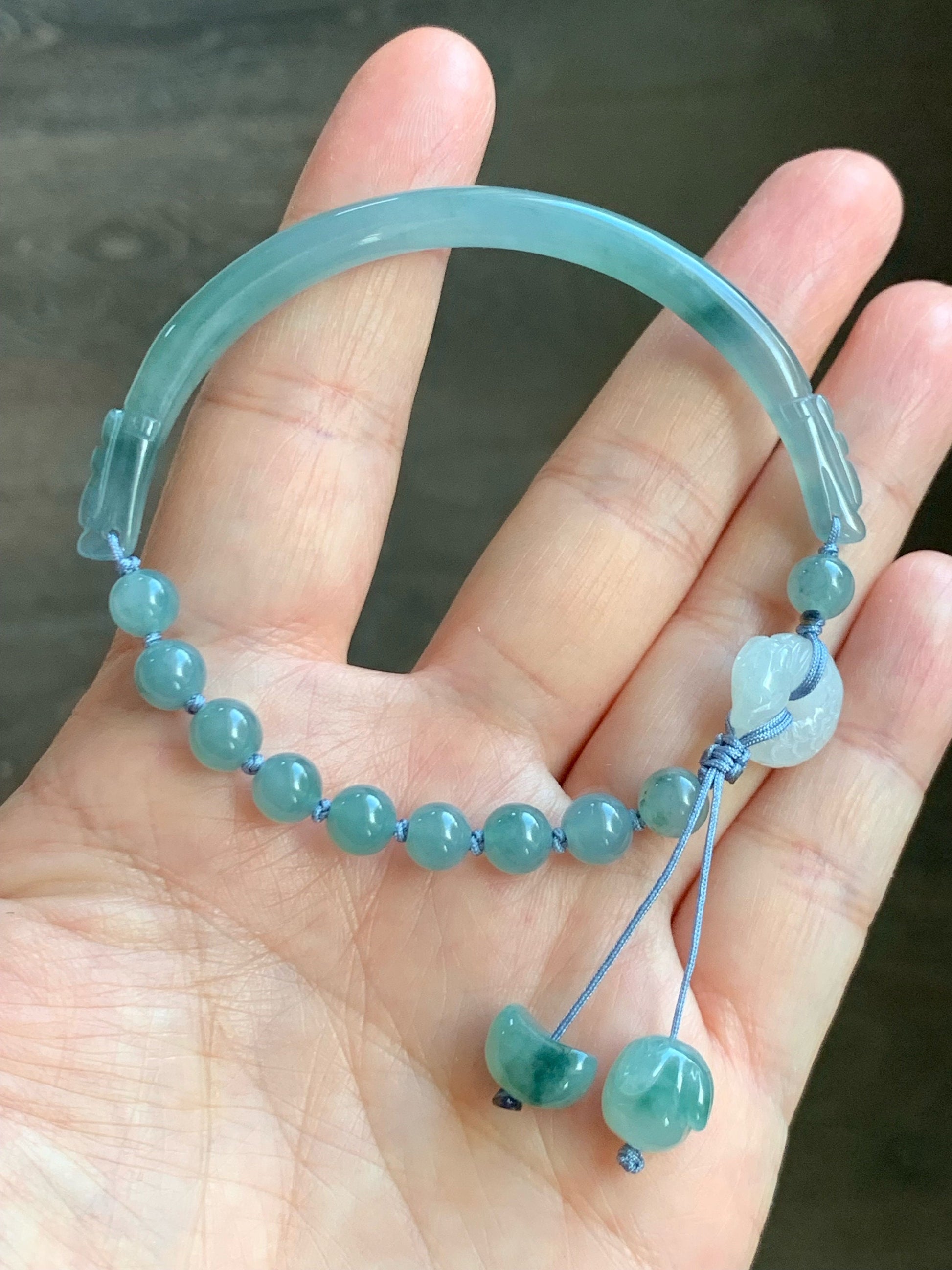 Natural Guatemalan Icy Light Dusty Blue Jadeite w/ Teal Marbling Open Bangle Bracelet Dragon Rabbit Moon Charms 7.5” 14g 天然冰胶危篮飘花翡翠半镯龙圈月亮兔手串