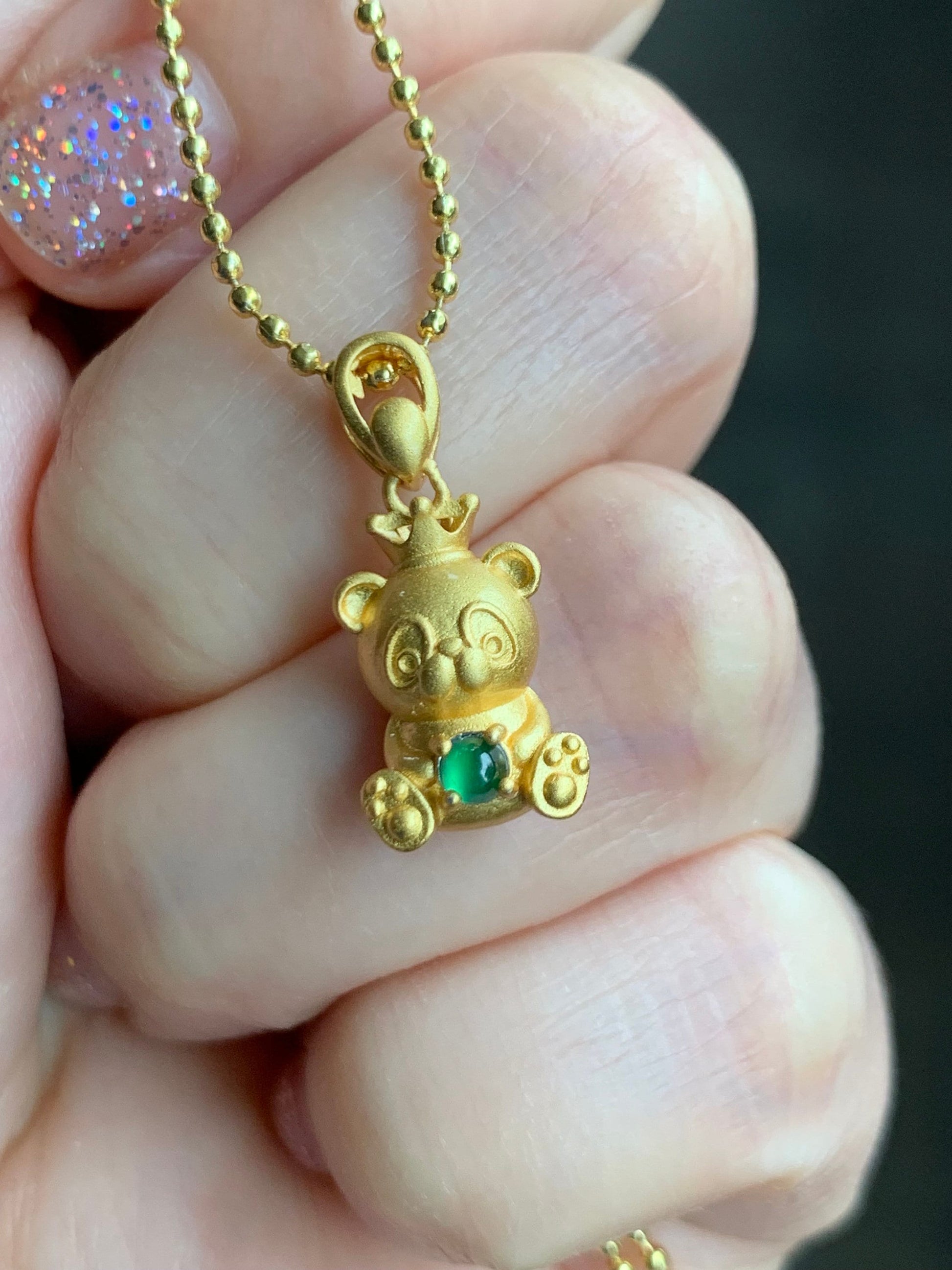 Petite Natural Guatemalan Icy Highly Translucent Green Jadeite Panda Bear Pendant Sterling Silver Yellow Gold Finish 天然高冰危绿翡翠起光小熊猫银镶吊坠