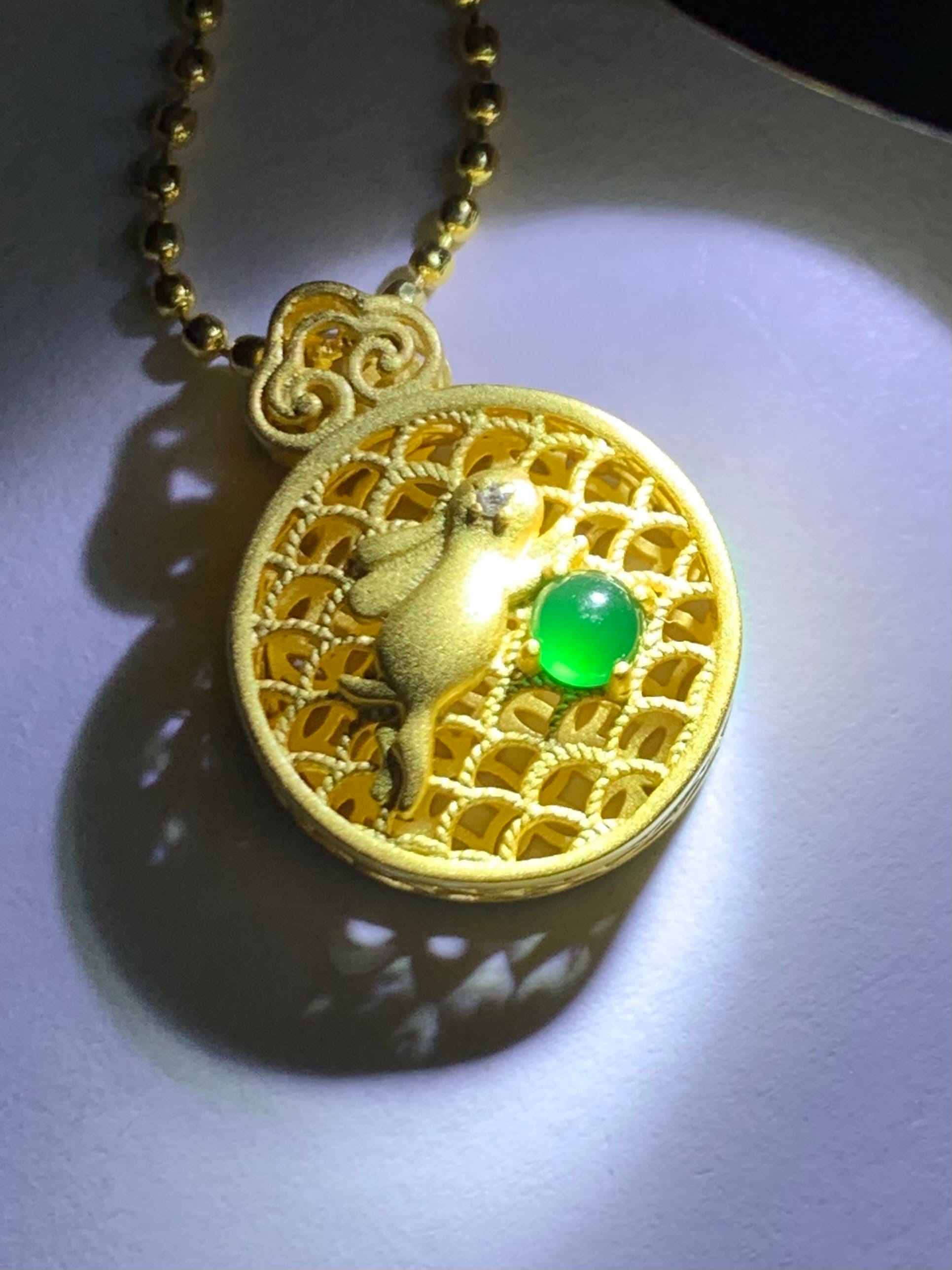 Petite Natural Guatemalan Icy Highly Translucent Green Jadeite Bunny Rabbit Pendant Sterling Silver Yellow Gold Finish 天然高冰危绿翡翠起光小兔银镶吊坠