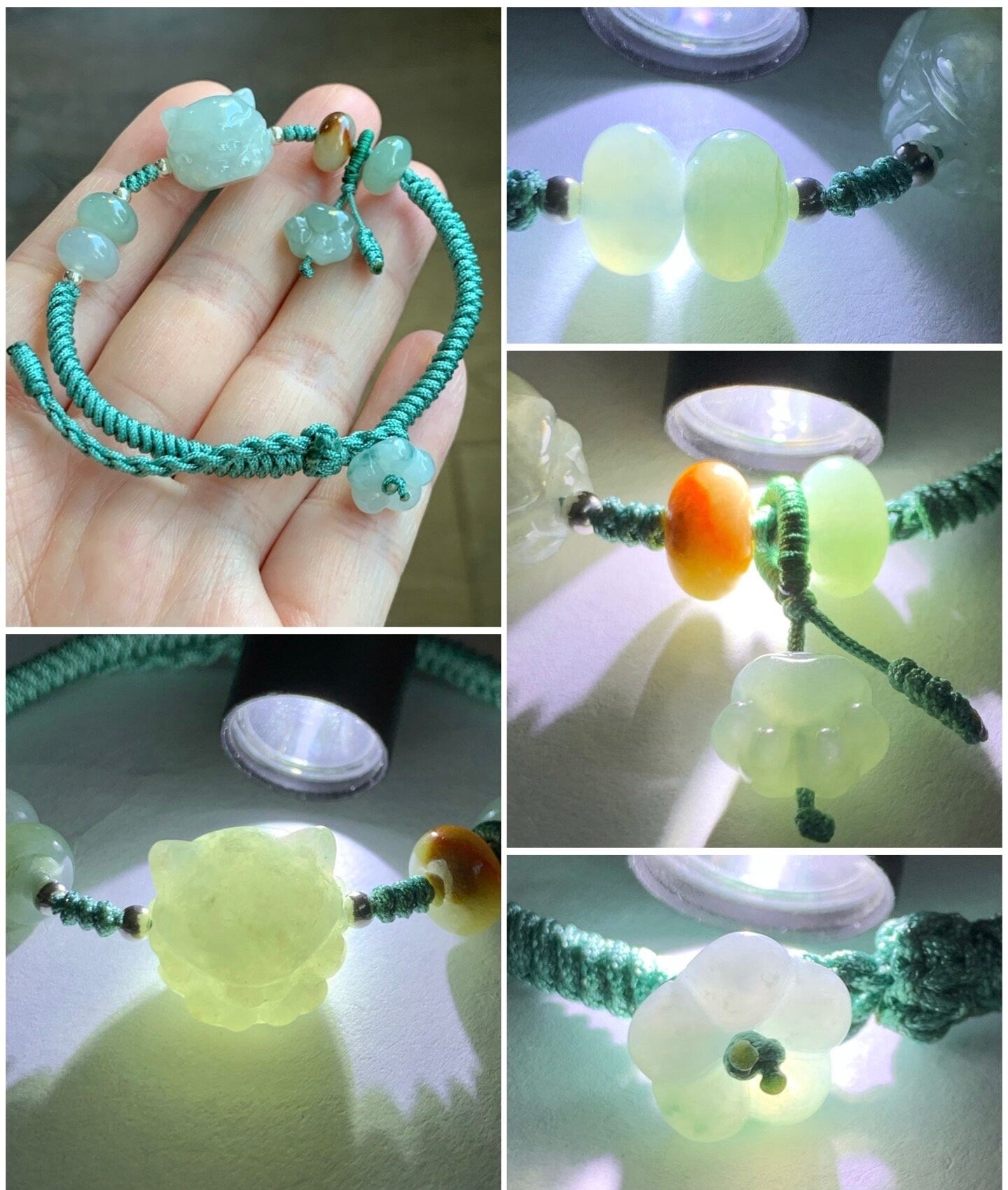 Natural Burmese Icy Translucent Light Green Jadeite Nine-tailed Fox & Paw Print Charm Rope Bracelet 6.5” Adjustable 天然缅甸冰胶晴底翡翠九尾狐爪印手绳