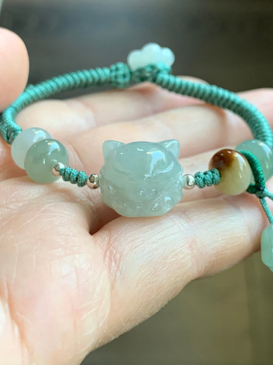 Natural Burmese Icy Translucent Light Green Jadeite Nine-tailed Fox & Paw Print Charm Rope Bracelet 6.5” Adjustable 天然缅甸冰胶晴底翡翠九尾狐爪印手绳