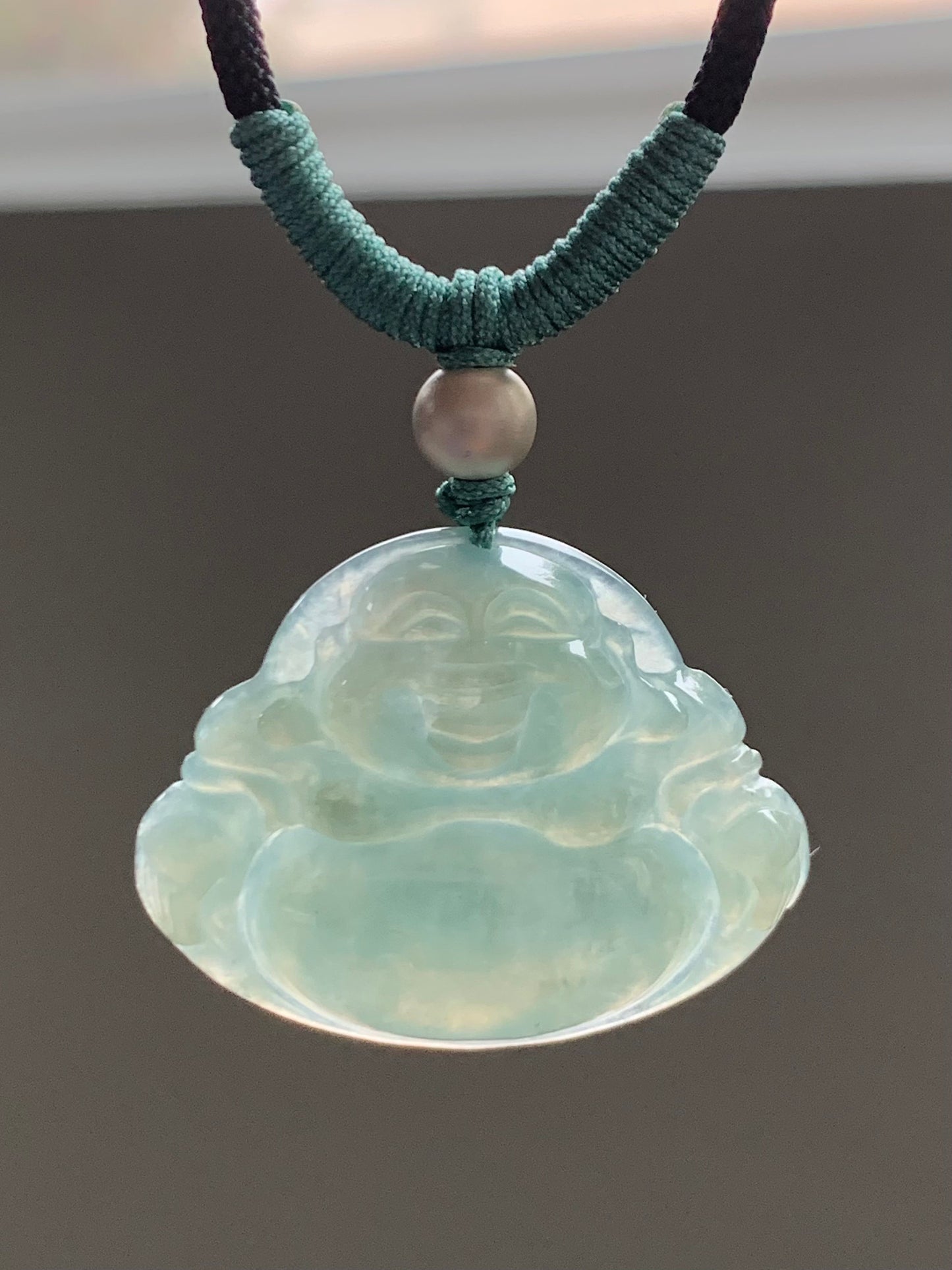 Natural Burmese Icy Translucent Gelatinous Light Green Jadeite Buddha Pendant Rope Necklace Sterling Silver 28” 天然缅甸老糯冰晴色翡翠佛公吊坠 LYQ225L