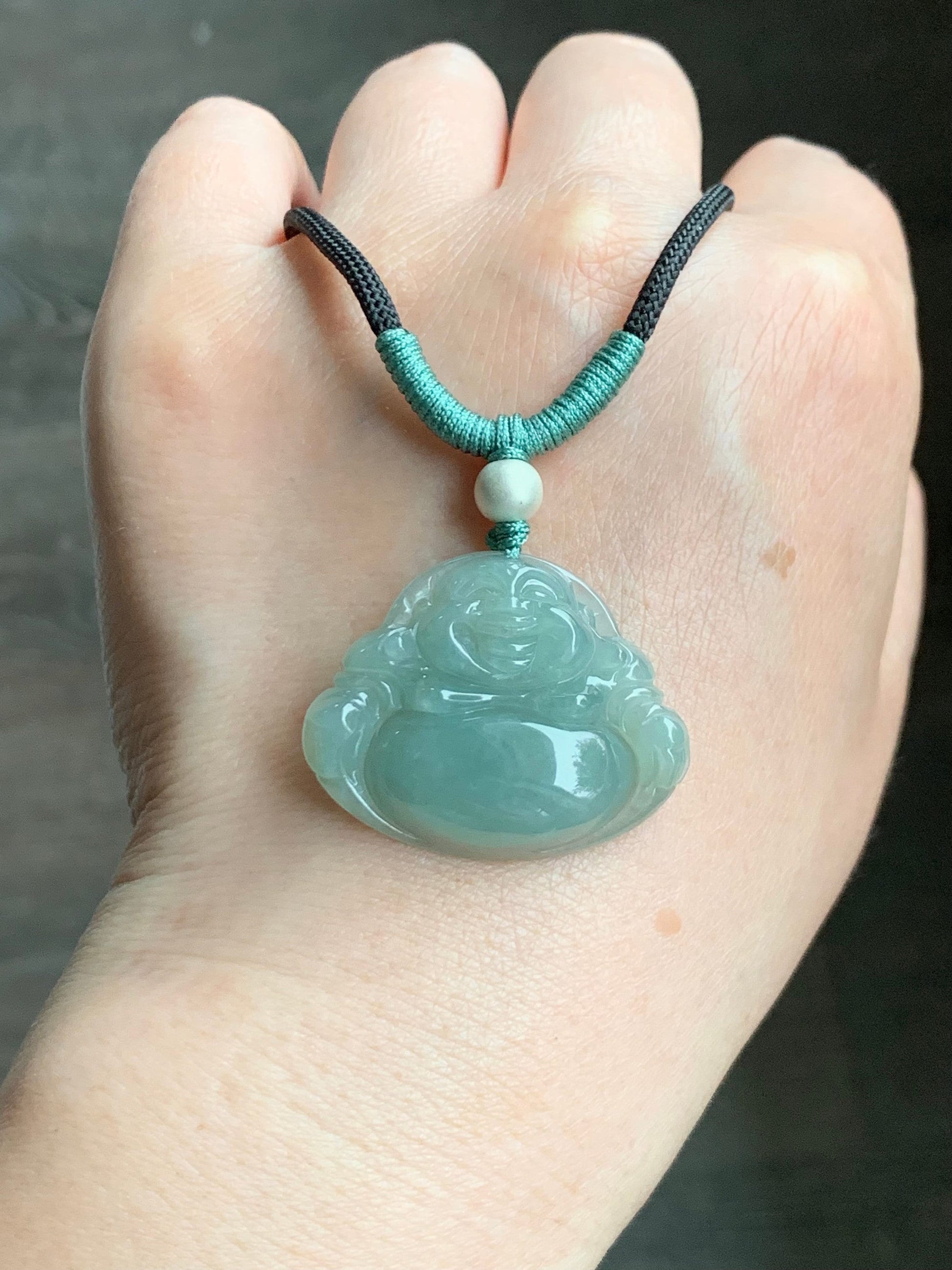 Natural Burmese Icy Translucent Gelatinous Light Green Jadeite Buddha Pendant Rope Necklace Sterling Silver 28” 天然缅甸老糯冰晴色翡翠佛公吊坠 LYQ225L