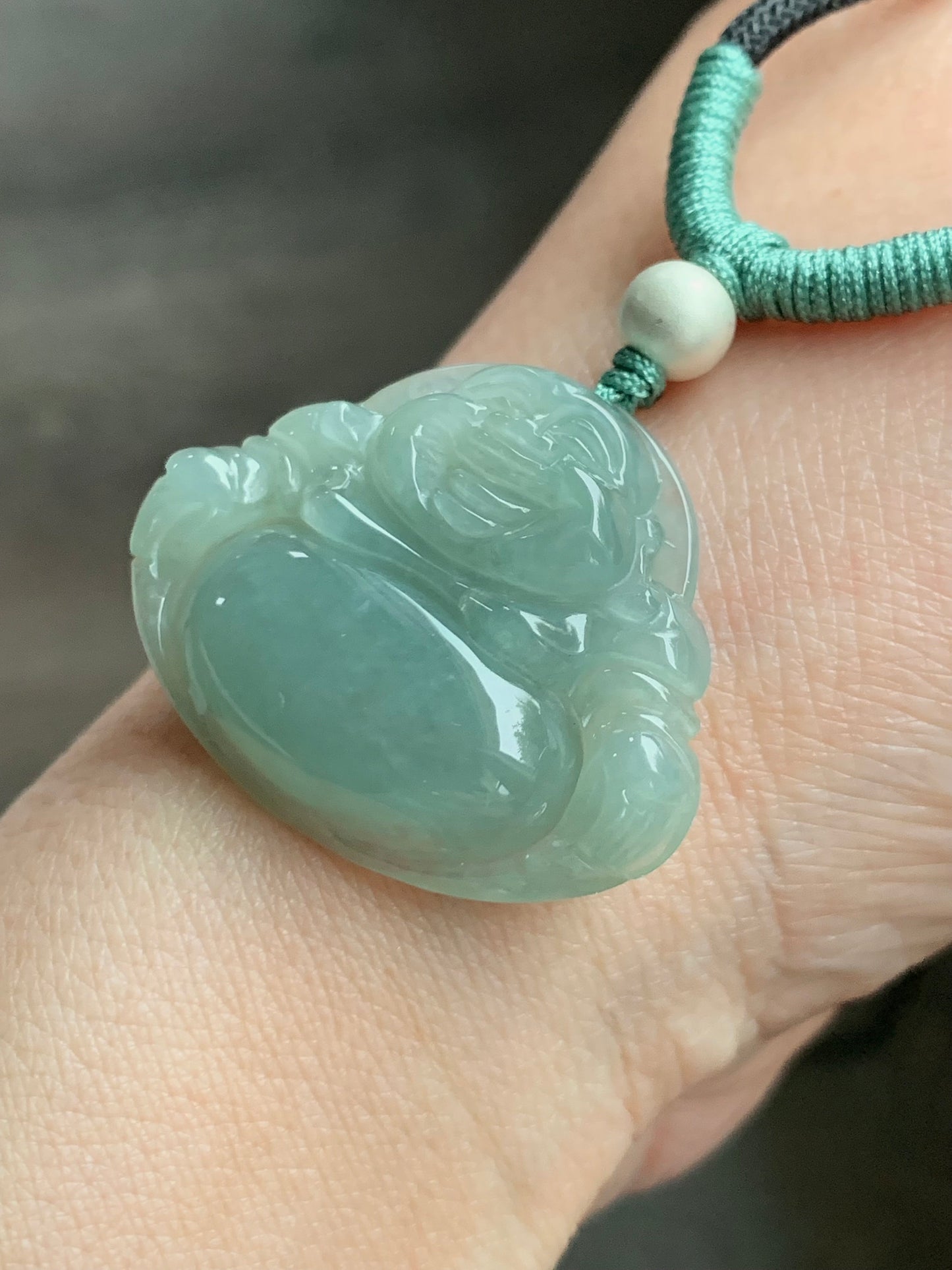 Natural Burmese Icy Translucent Gelatinous Light Green Jadeite Buddha Pendant Rope Necklace Sterling Silver 28” 天然缅甸老糯冰晴色翡翠佛公吊坠 LYQ225L