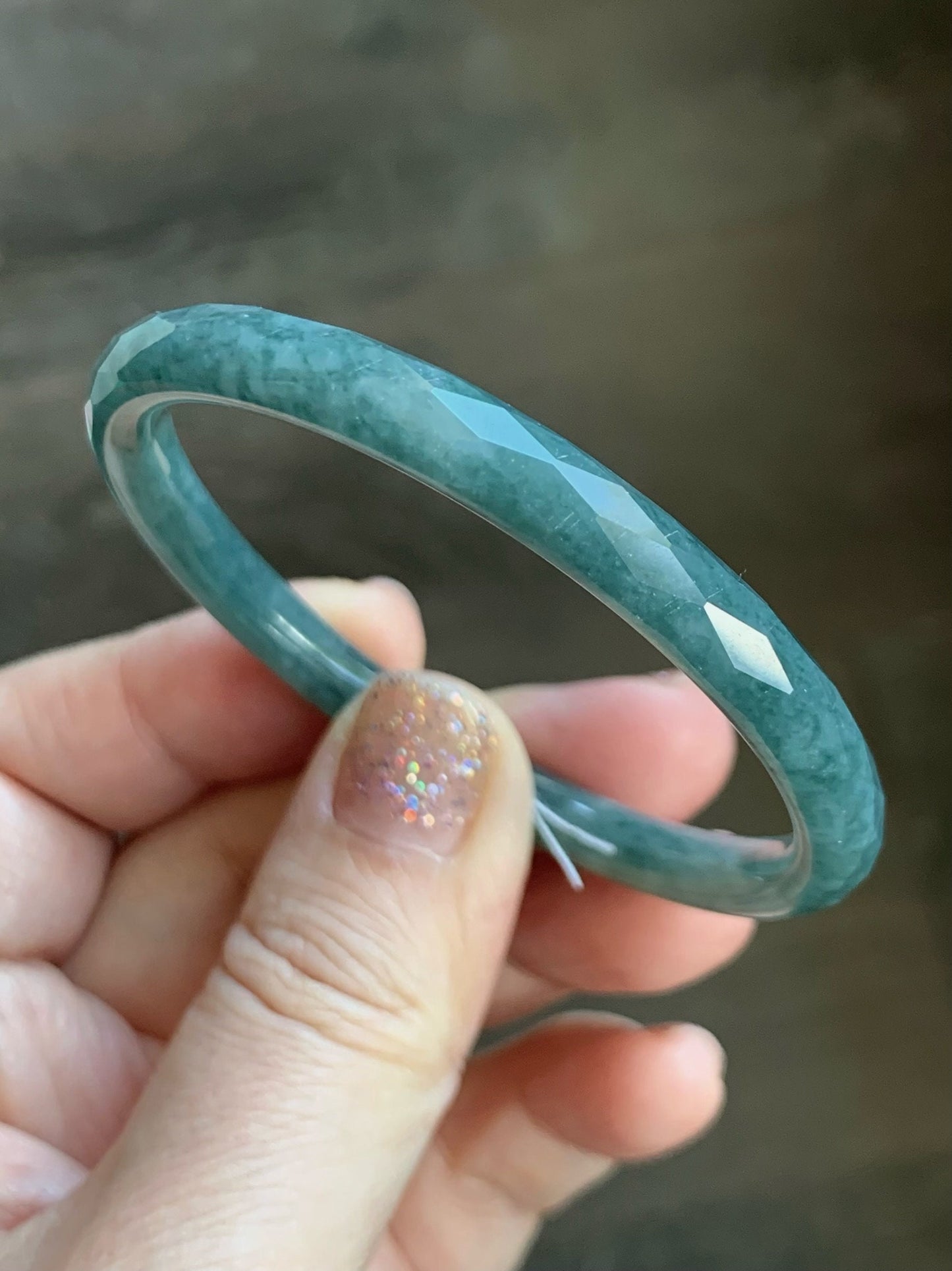 Certified Natural Guatemalan Icy Translucent Dusty Teal Blue Jadeite Diamond Faceted Bangle Bracelet 51.9mm 16.19 grams 天然冰危蓝翡翠细圆条切割面手镯 7103