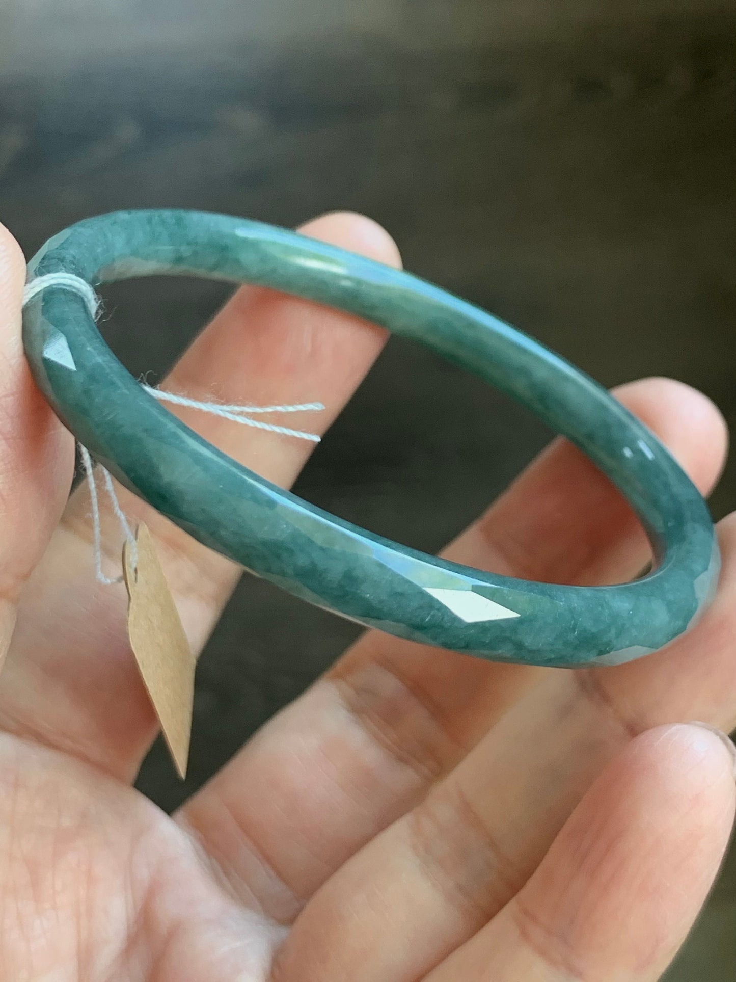 Certified Natural Guatemalan Icy Translucent Dusty Teal Blue Jadeite Diamond Faceted Bangle Bracelet 51.9mm 16.19 grams 天然冰危蓝翡翠细圆条切割面手镯 7103