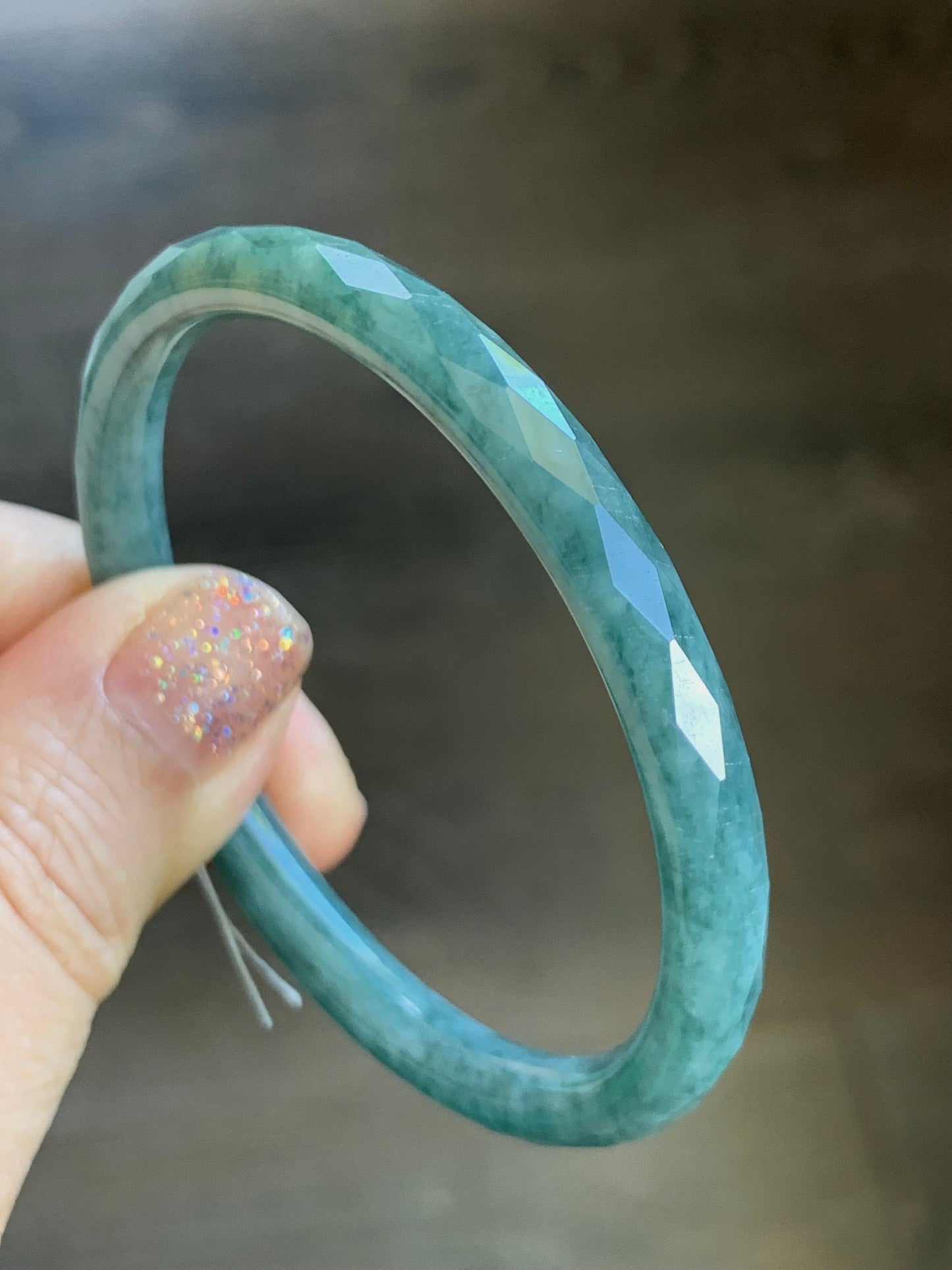 Certified Natural Guatemalan Icy Translucent Dusty Teal Blue Jadeite Diamond Faceted Bangle Bracelet 51.9mm 16.19 grams 天然冰危蓝翡翠细圆条切割面手镯 7103