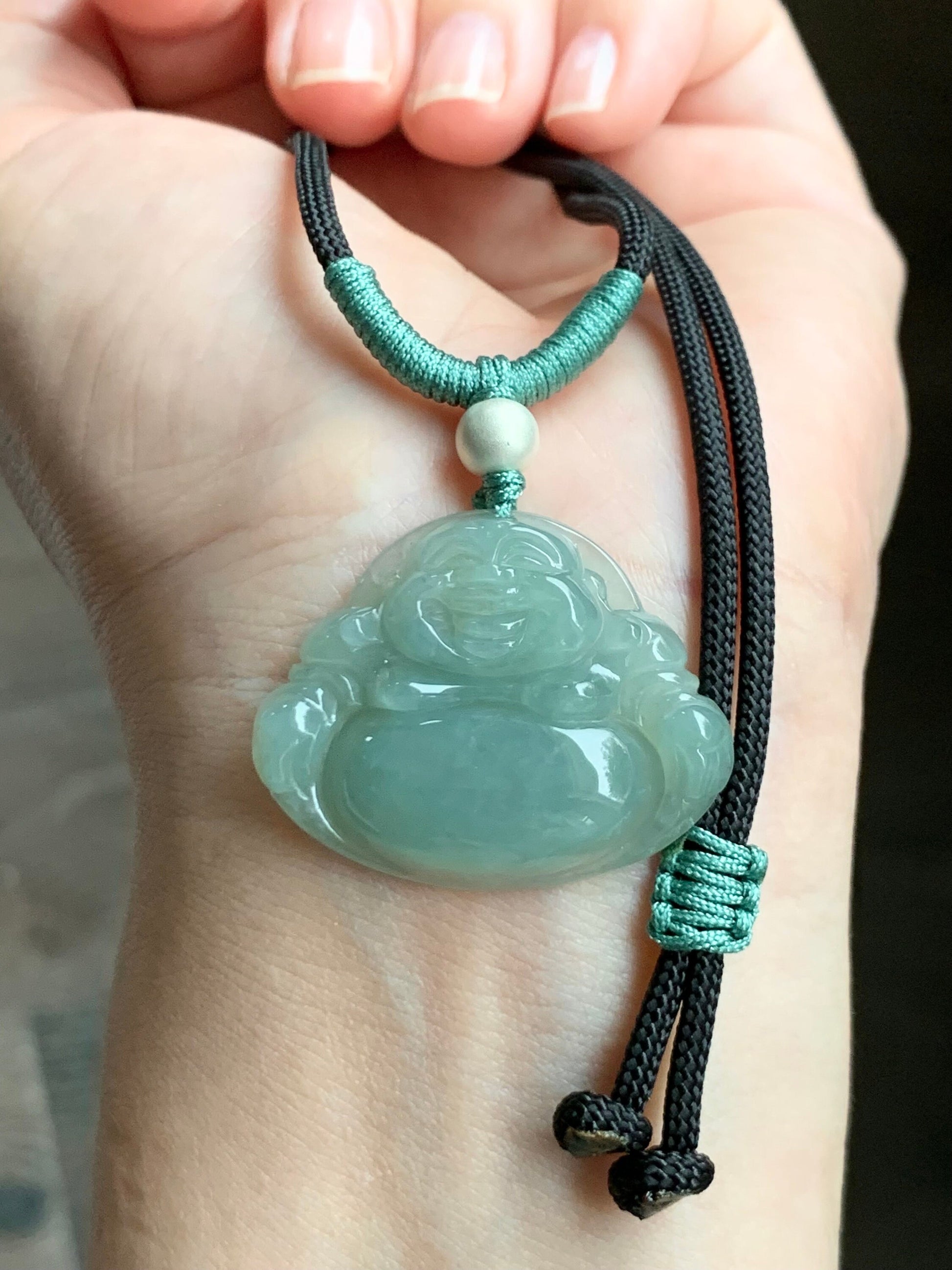 Natural Burmese Icy Translucent Gelatinous Light Green Jadeite Buddha Pendant Rope Necklace Sterling Silver 28” 天然缅甸老糯冰晴色翡翠佛公吊坠 LYQ225L