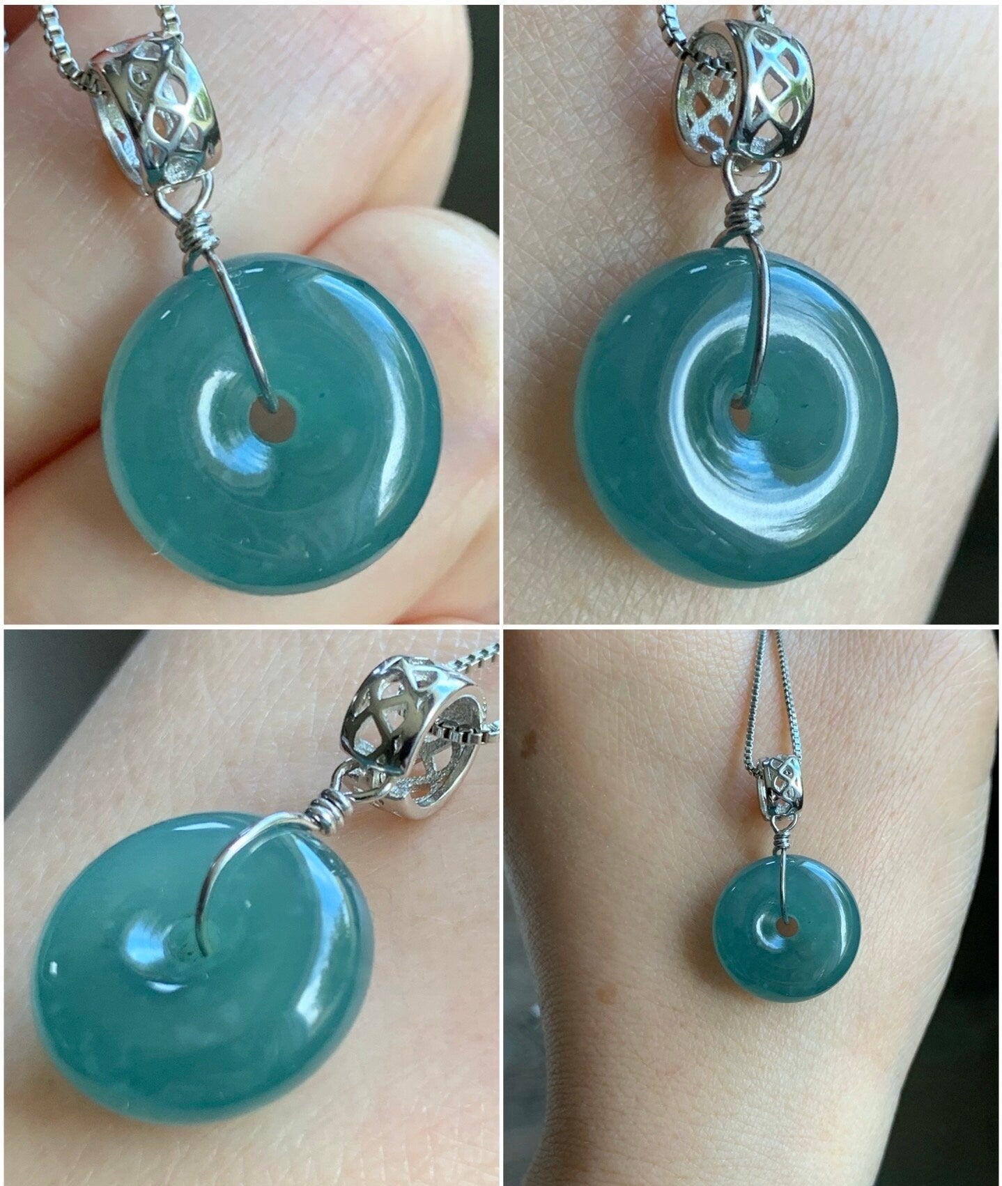 Natural Guatemalan Icy Translucent Teal Blue Jadeite Thick Ping An Kou Donut Pendant Sterling Silver 天然冰危蓝翡翠肥扣平安扣吊坠