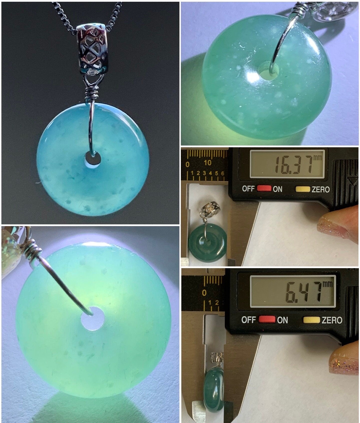 Natural Guatemalan Icy Translucent Teal Blue Jadeite Thick Ping An Kou Donut Pendant Sterling Silver 天然冰危蓝翡翠肥扣平安扣吊坠