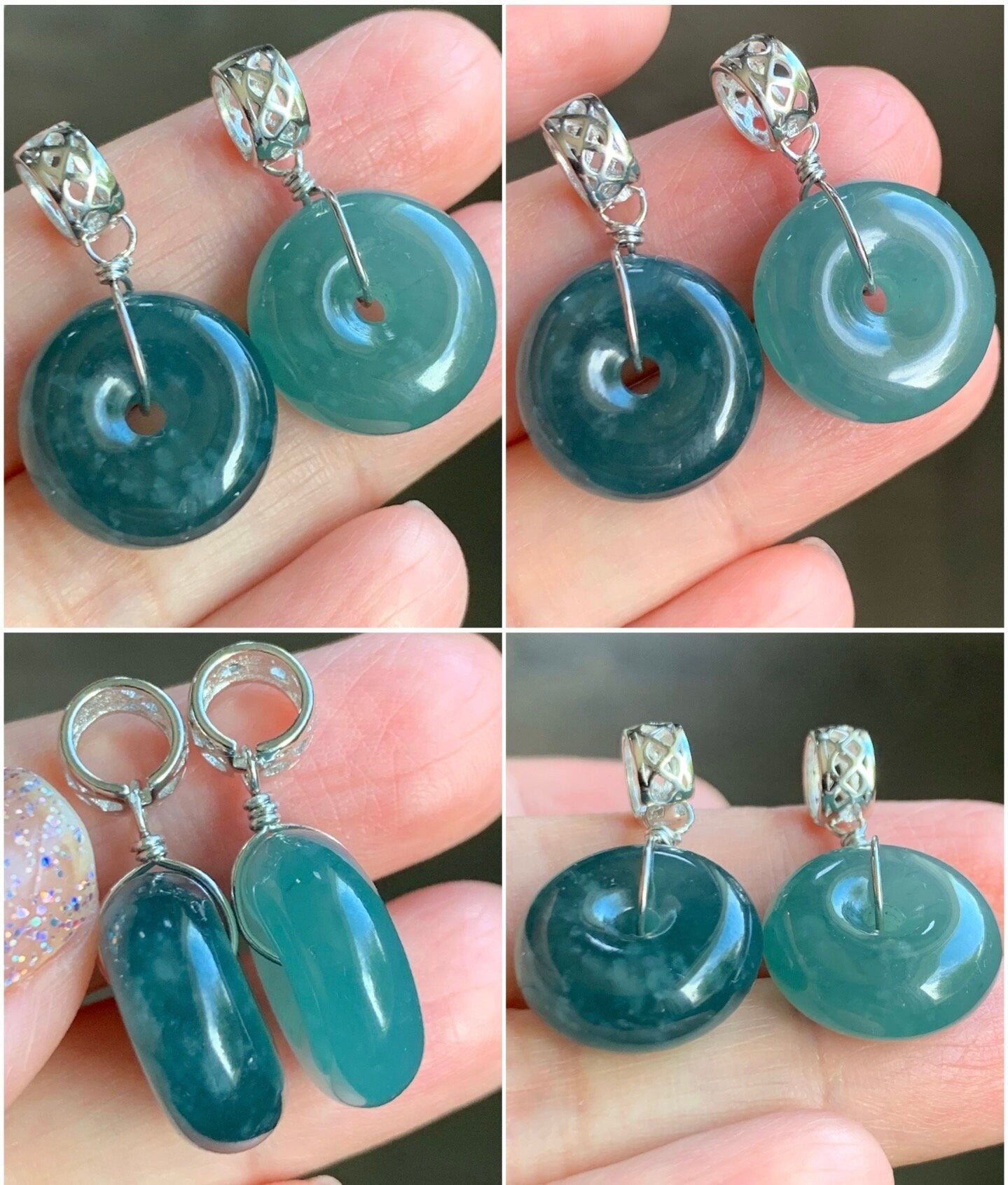 Natural Guatemalan Icy Translucent Teal Blue Jadeite Thick Ping An Kou Donut Pendant Sterling Silver 天然冰危蓝翡翠肥扣平安扣吊坠