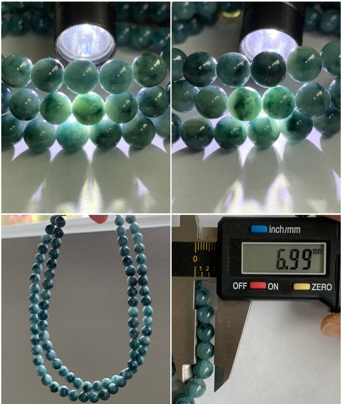 Natural Burmese Icy Translucent Blue & Dark Teal Blue Marbled Jadeite Beaded Necklace 6.9mm 25” 56g 天然缅甸冰胶牛仔蓝飘蓝花翡翠长串项链 MLCH917