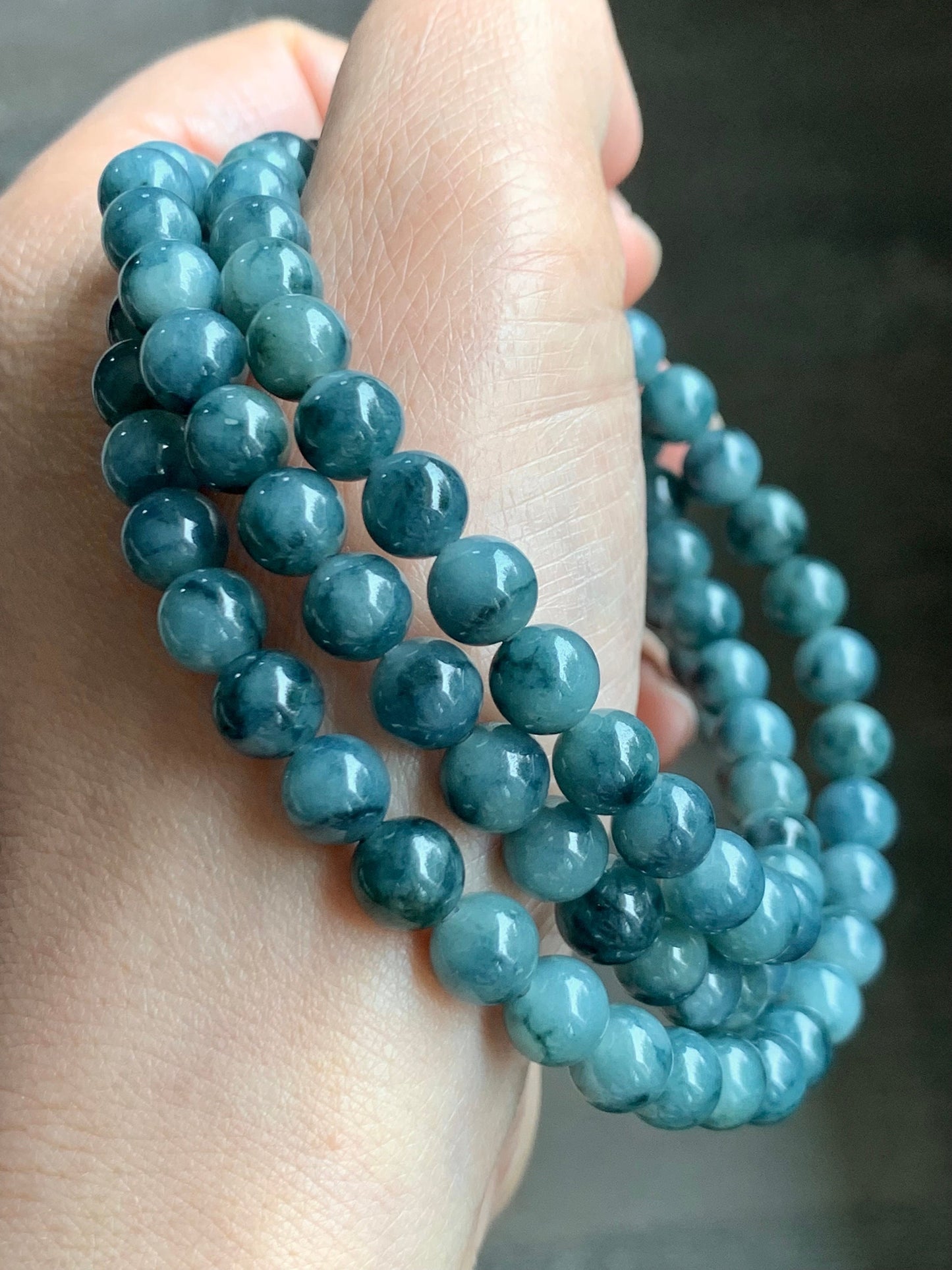 Natural Burmese Icy Translucent Blue & Dark Teal Blue Marbled Jadeite Beaded Necklace 6.9mm 25” 56g 天然缅甸冰胶牛仔蓝飘蓝花翡翠长串项链 MLCH917