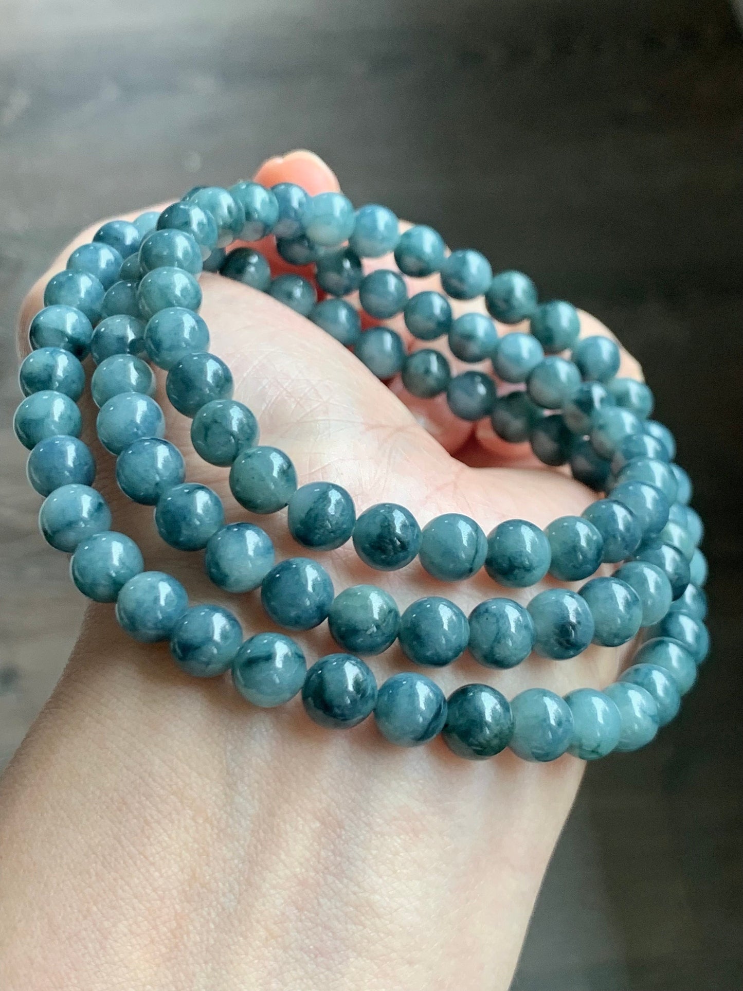 Natural Burmese Icy Translucent Blue & Dark Teal Blue Marbled Jadeite Beaded Necklace 6.9mm 25” 56g 天然缅甸冰胶牛仔蓝飘蓝花翡翠长串项链 MLCH917