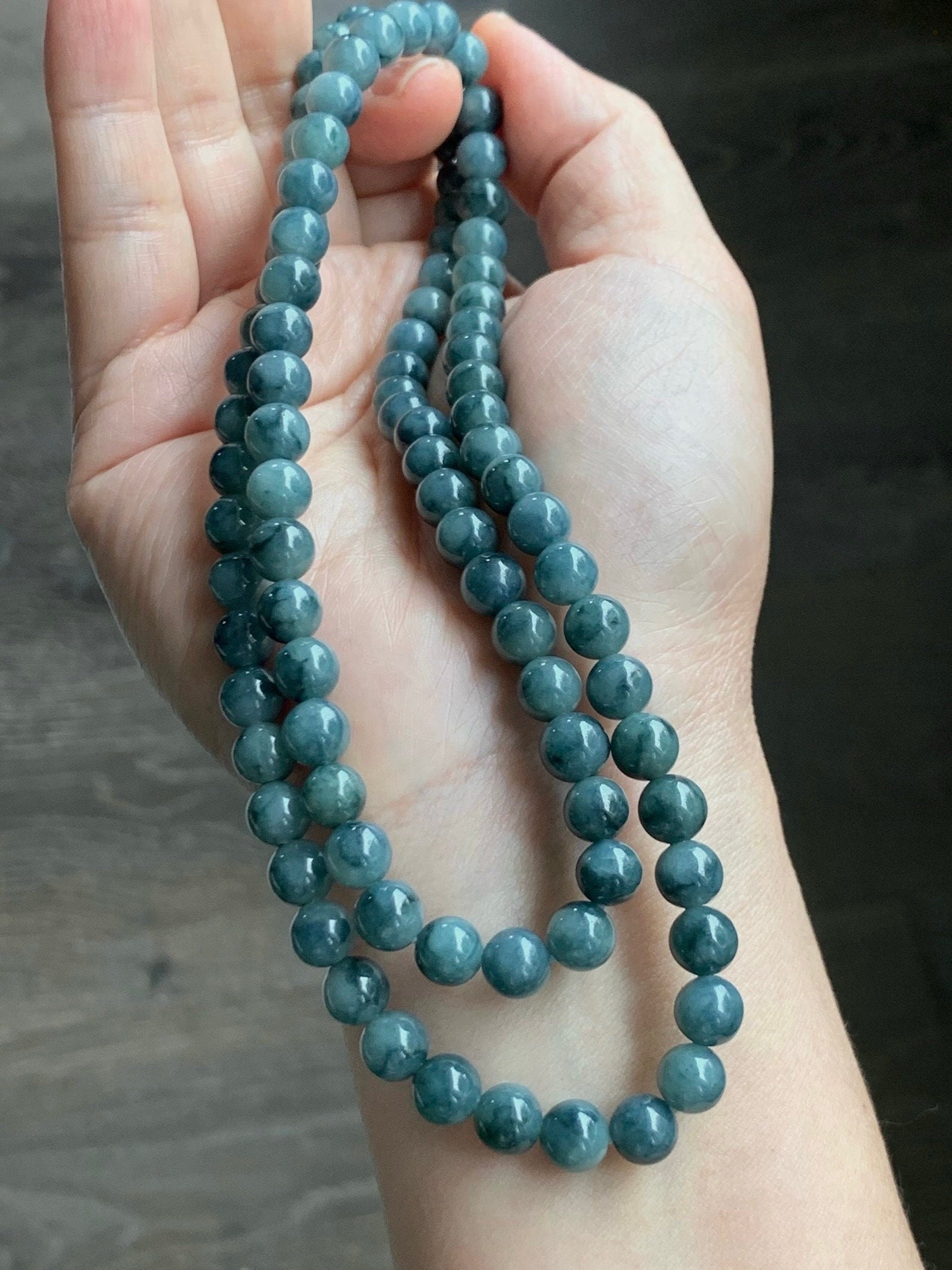 Natural Burmese Icy Translucent Blue & Dark Teal Blue Marbled Jadeite Beaded Necklace 6.9mm 25” 56g 天然缅甸冰胶牛仔蓝飘蓝花翡翠长串项链 MLCH917