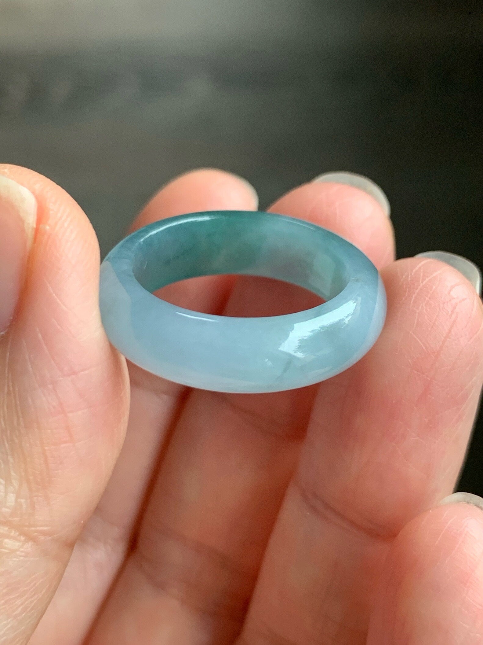 Stunning Natural Guatemalan Icy Translucent Gelatinous Light Purplish Blue Jadeite w/ Dark Teal Marbling Band Ring Sz 8 天然冰危蓝紫飘花翡翠戒圈 WPH114A