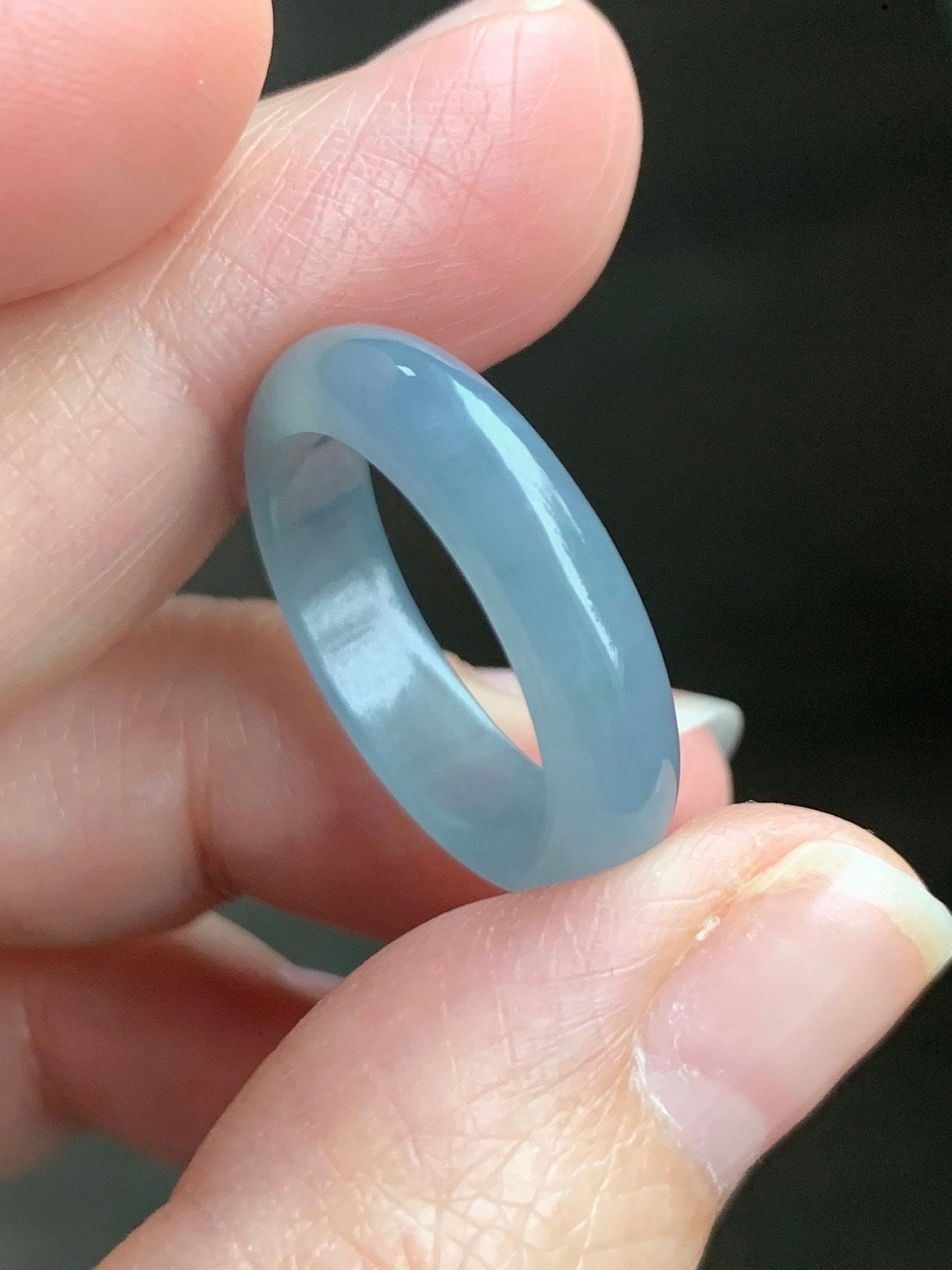 Stunning Natural Guatemalan Icy Translucent Gelatinous Light Purplish Blue Jadeite w/ Dark Teal Marbling Band Ring Sz 8 天然冰危蓝紫飘花翡翠戒圈 WPH114B