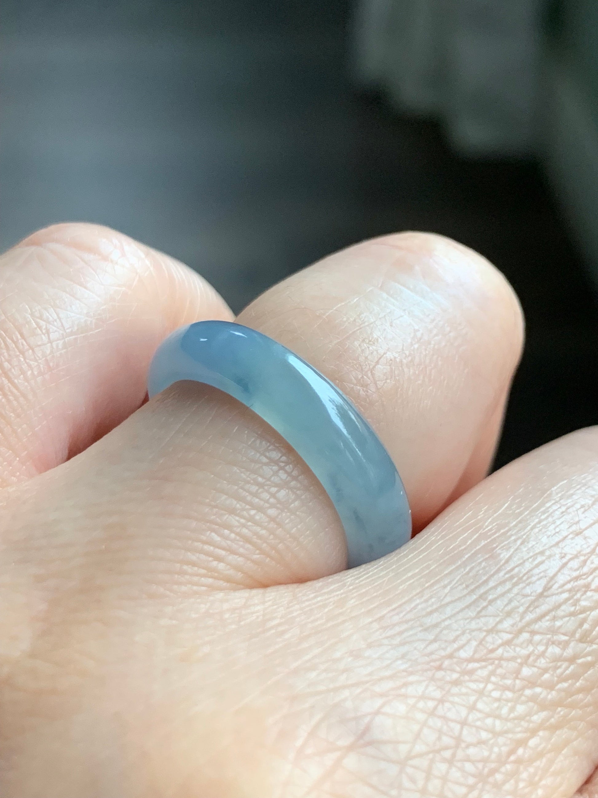 Stunning Natural Guatemalan Icy Translucent Gelatinous Light Purplish Blue Jadeite w/ Dark Teal Marbling Band Ring Sz 8 天然冰危蓝紫飘花翡翠戒圈 WPH114B