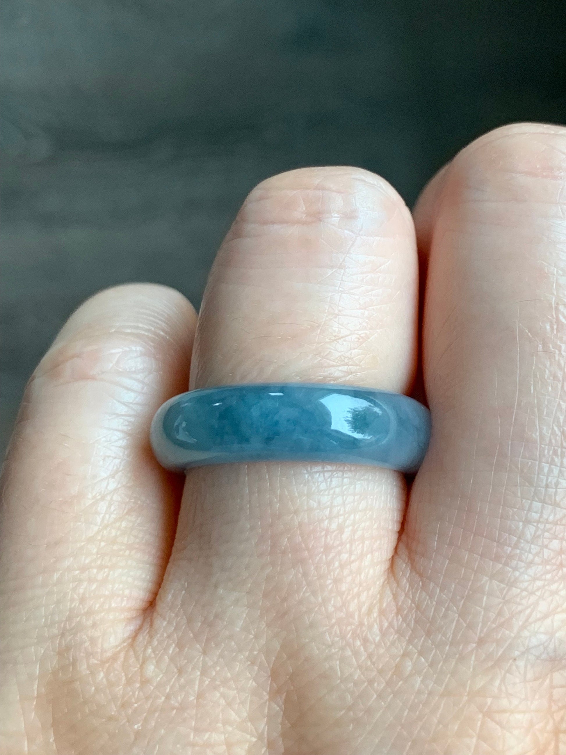 Stunning Natural Guatemalan Icy Translucent Gelatinous Light Purplish Blue Jadeite w/ Dark Blue Marbling Band Ring Sz 8 天然冰危蓝紫飘花翡翠戒圈 WPH114F