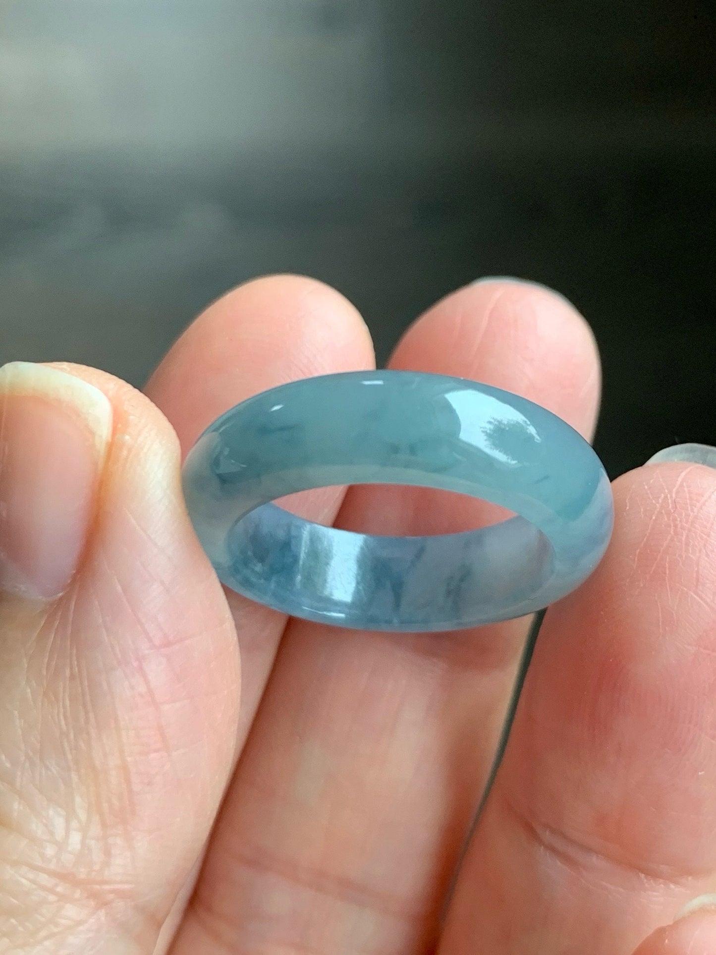 Stunning Natural Guatemalan Icy Translucent Gelatinous Light Purplish Blue Jadeite w/ Dark Blue Marbling Band Ring Sz 8 天然冰危蓝紫飘花翡翠戒圈 WPH114F