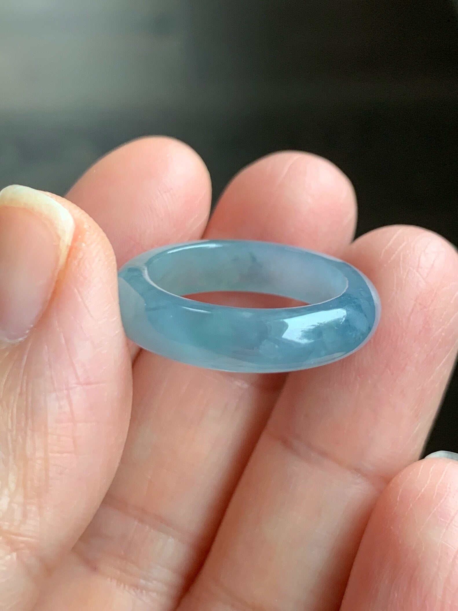 Natural Guatemalan Icy Translucent Gelatinous Light Purplish Blue Jadeite w/ Dark Blue Marbling Band Ring Sz 6.5 天然冰危蓝紫飘花翡翠戒圈 WPH114G