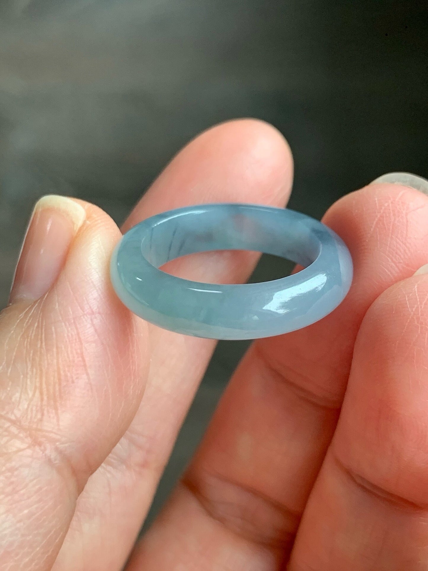 Natural Guatemalan Icy Translucent Gelatinous Light Purplish Blue Jadeite w/ Dark Blue Marbling Band Ring Sz 6.5 天然冰危蓝紫飘花翡翠戒圈 WPH114G