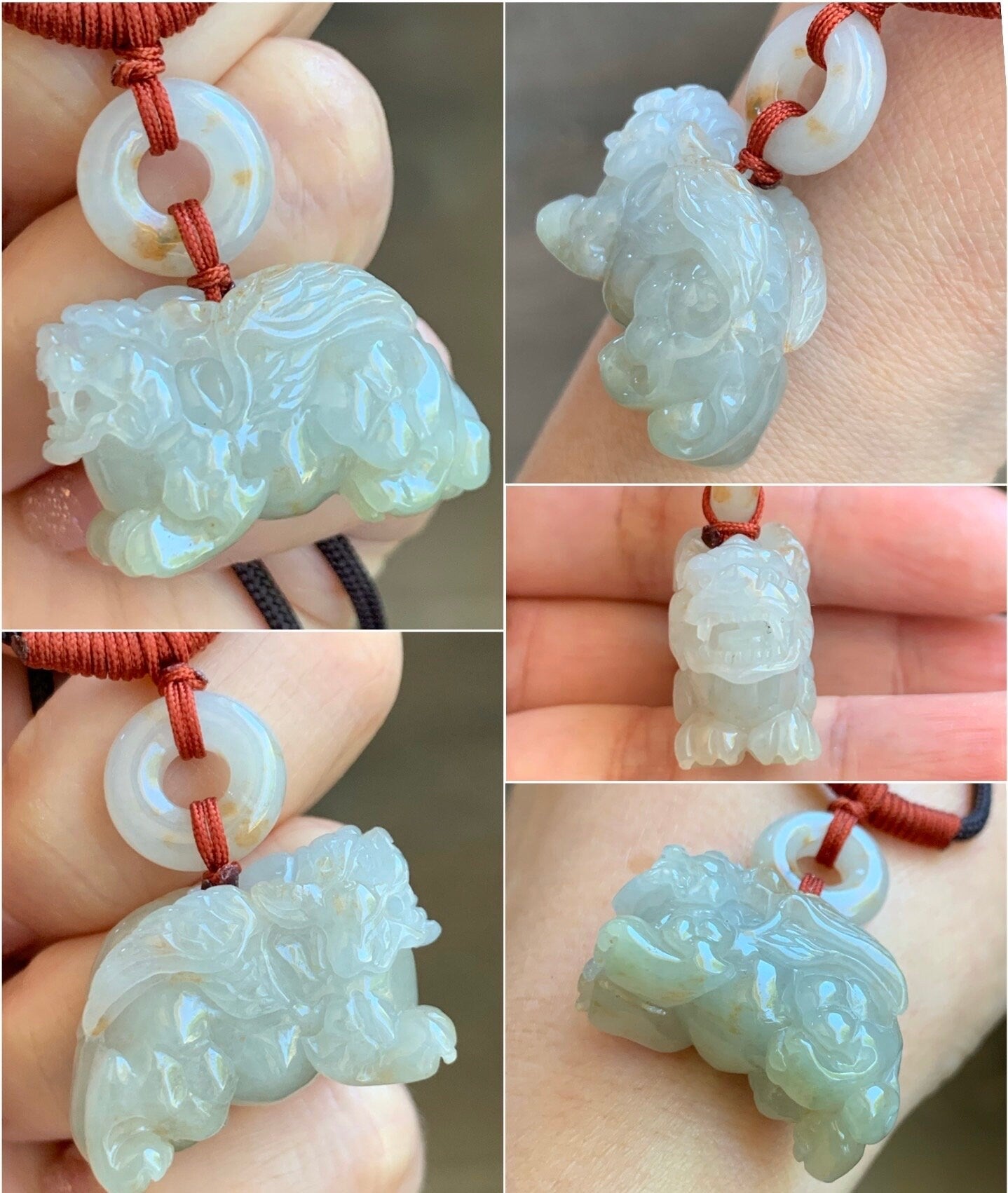 Natural Burmese Icy Translucent Gelatinous Light Beige Jadeite w/ Golden Marbling Flying Pixiu & Donut Pendant Necklace 天然缅甸冰糖黄撒金翡翠飞天貔貅平安扣项链