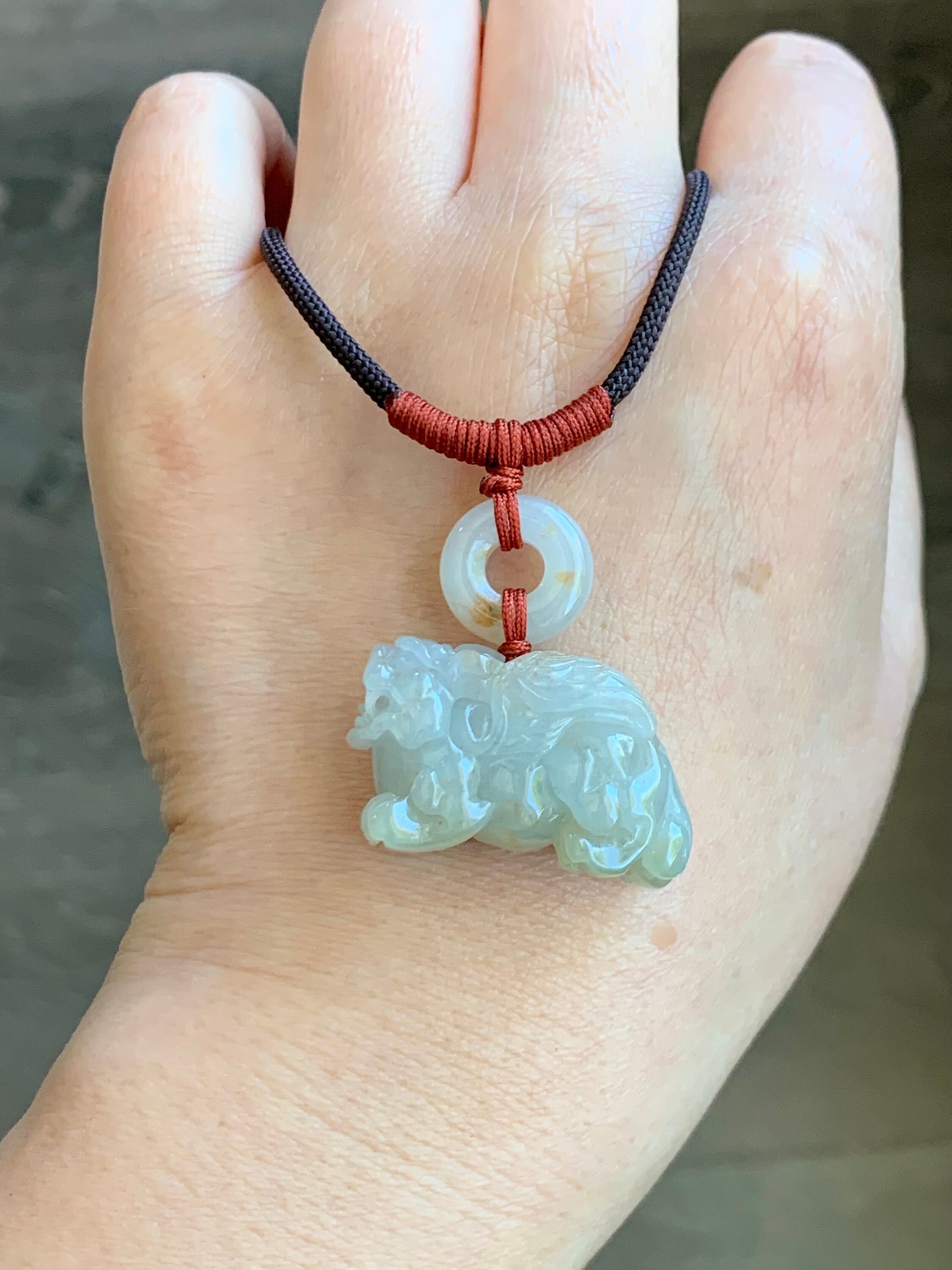 Natural Burmese Icy Translucent Gelatinous Light Beige Jadeite w/ Golden Marbling Flying Pixiu & Donut Pendant Necklace 天然缅甸冰糖黄撒金翡翠飞天貔貅平安扣项链