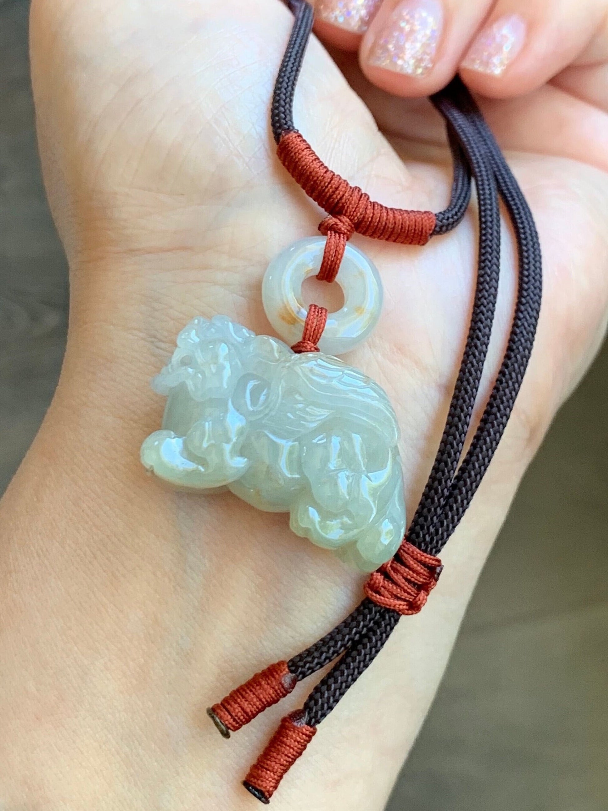 Natural Burmese Icy Translucent Gelatinous Light Beige Jadeite w/ Golden Marbling Flying Pixiu & Donut Pendant Necklace 天然缅甸冰糖黄撒金翡翠飞天貔貅平安扣项链