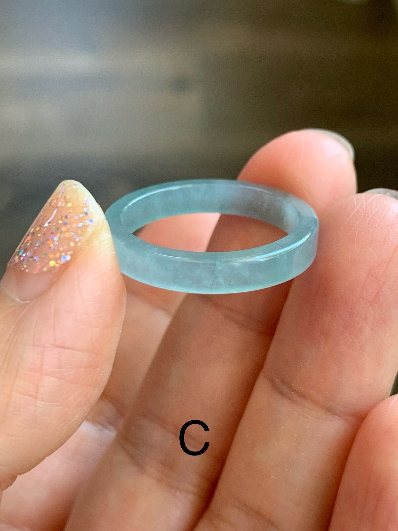 Natural Guatemalan Icy Translucent Dusty Blue Jadeite Square Edged Band Ring Size 9 天然冰危蓝翡翠角戒戒圈 FJW317-C