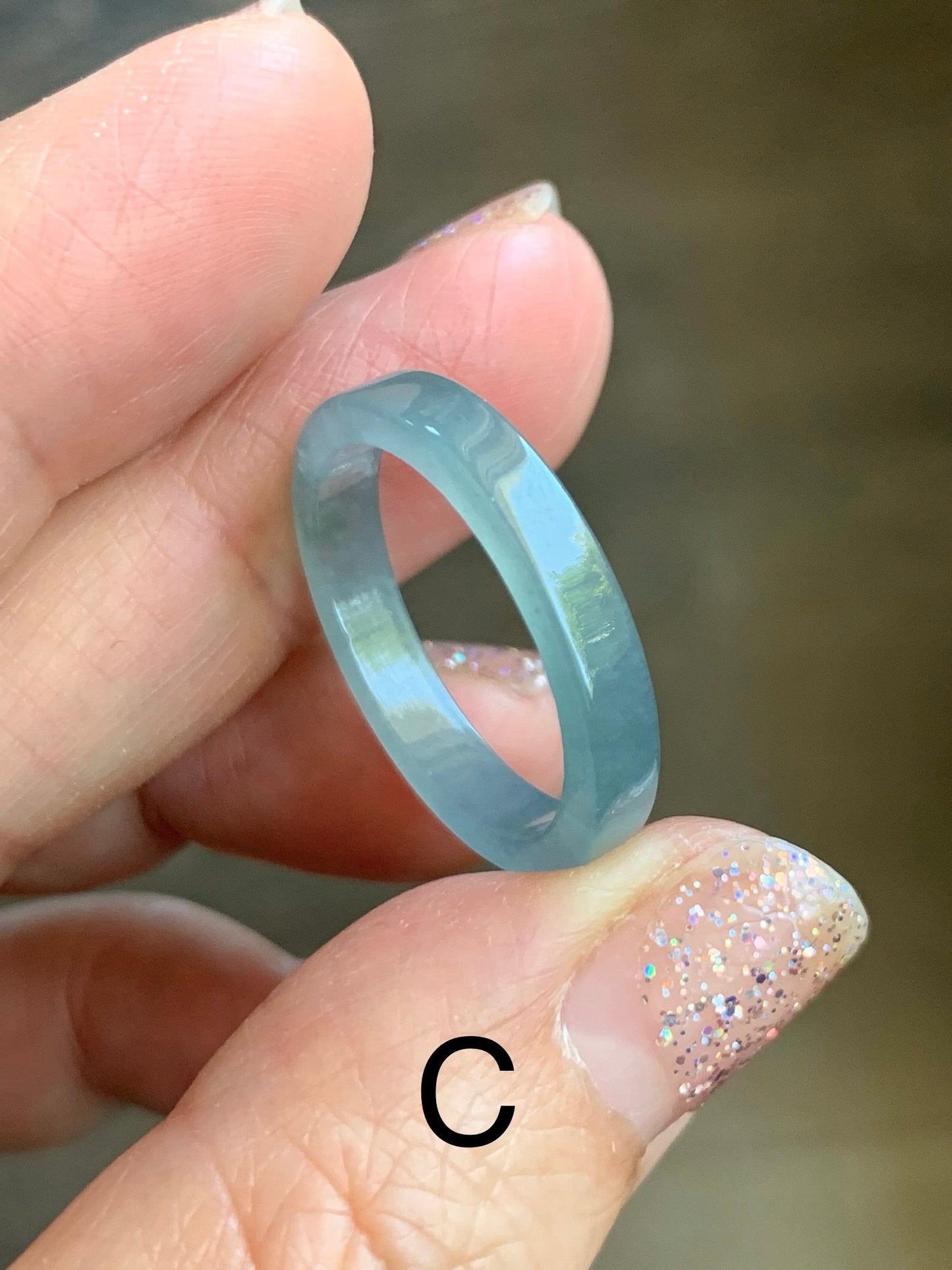 Natural Guatemalan Icy Translucent Dusty Blue Jadeite Square Edged Band Ring Size 9 天然冰危蓝翡翠角戒戒圈 FJW317-C