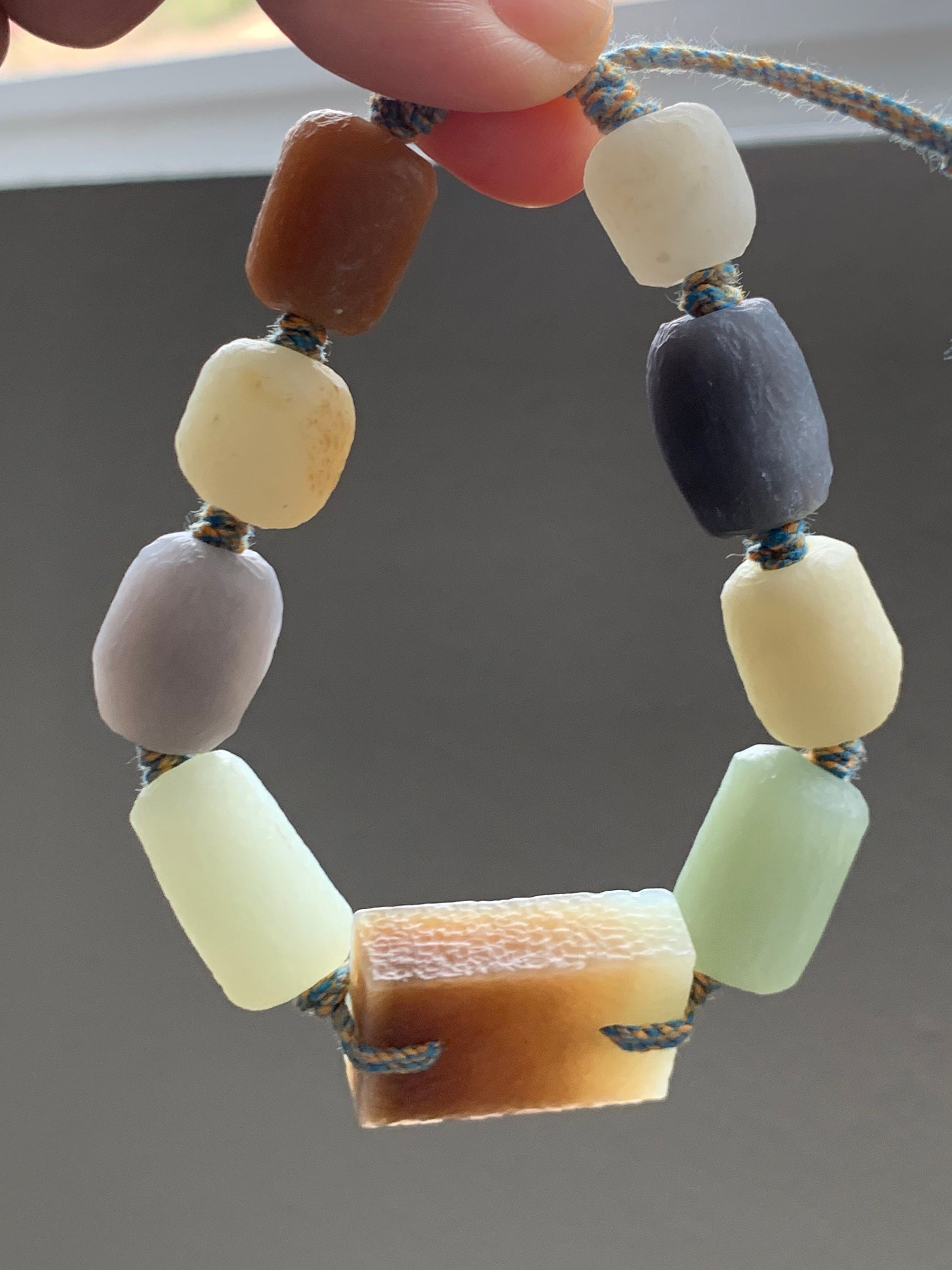 Natural Nephrite Hetian Jade Large Chunky Beads Rope Bracelet Translucent Multicolor Adjustable 7.25" 56g 天然和田玉多宝仿古珠手牌手串