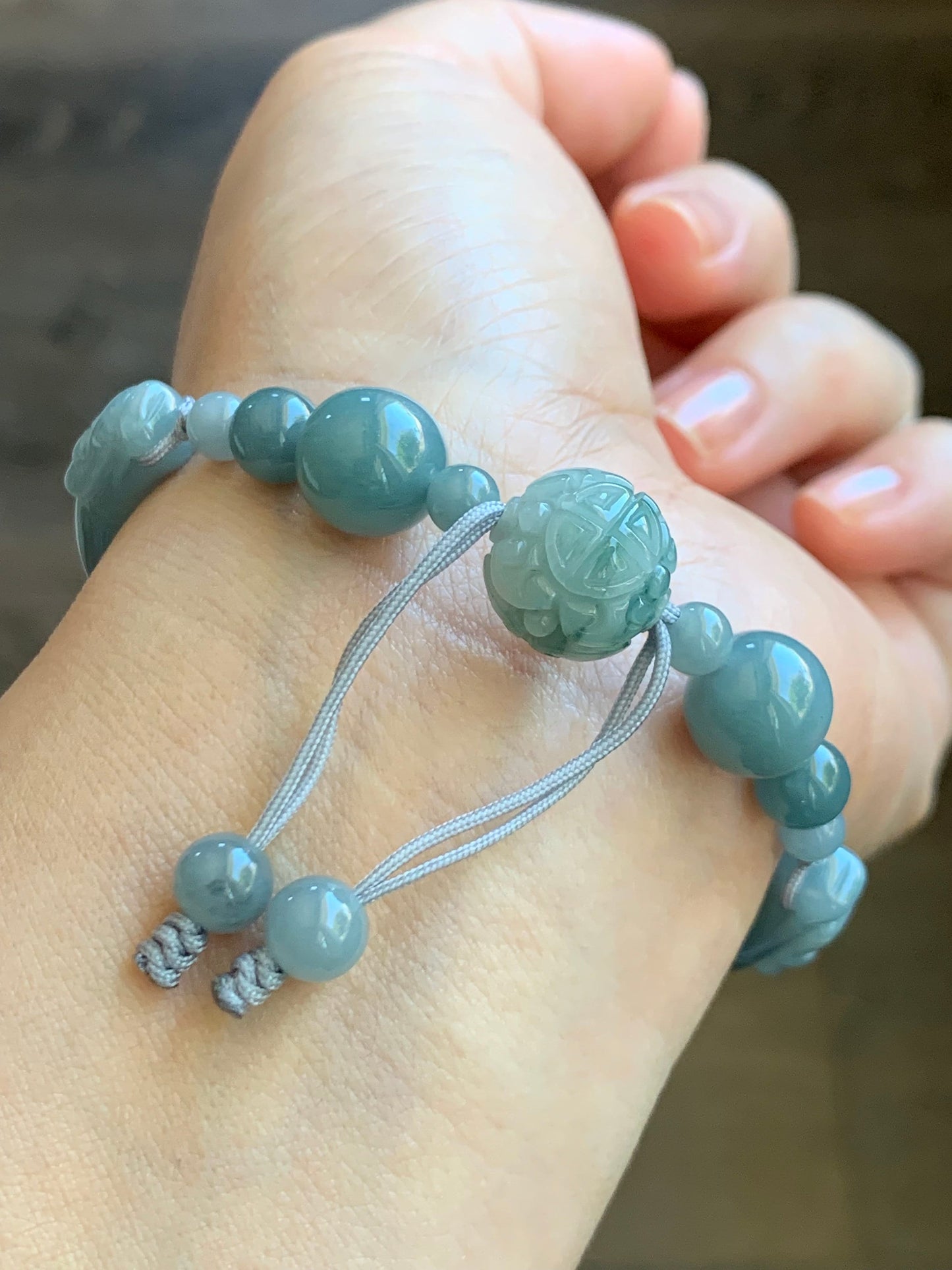 Natural Guatemalan Icy Translucent Dusty Blue Jadeite w/ Dark Teal Blue Marbling Open Bangle Beaded Bracelet 56.6mm 27g 天然冰胶危篮翡翠半镯手串