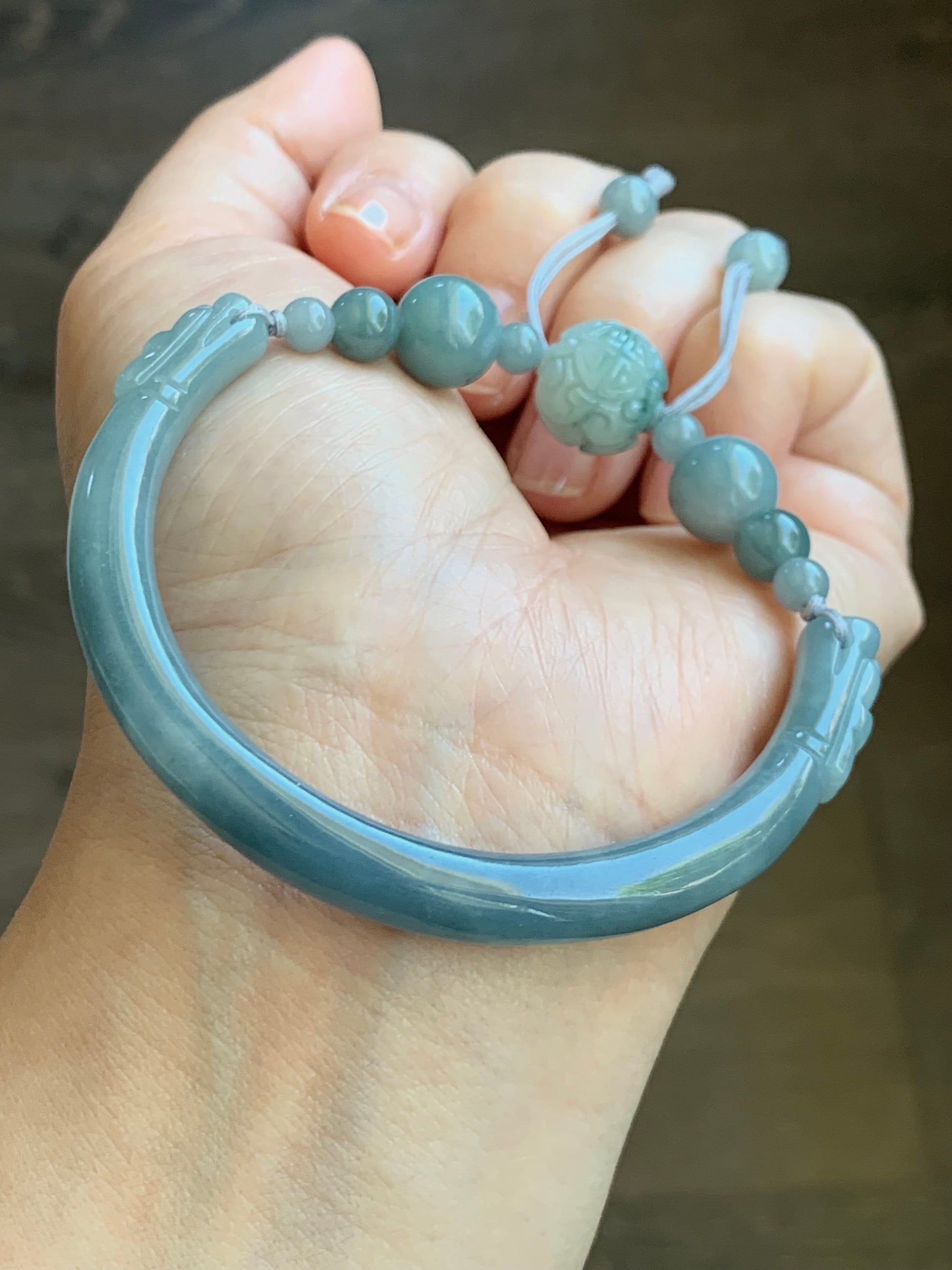 Natural Guatemalan Icy Translucent Dusty Blue Jadeite w/ Dark Teal Blue Marbling Open Bangle Beaded Bracelet 56.6mm 27g 天然冰胶危篮翡翠半镯手串