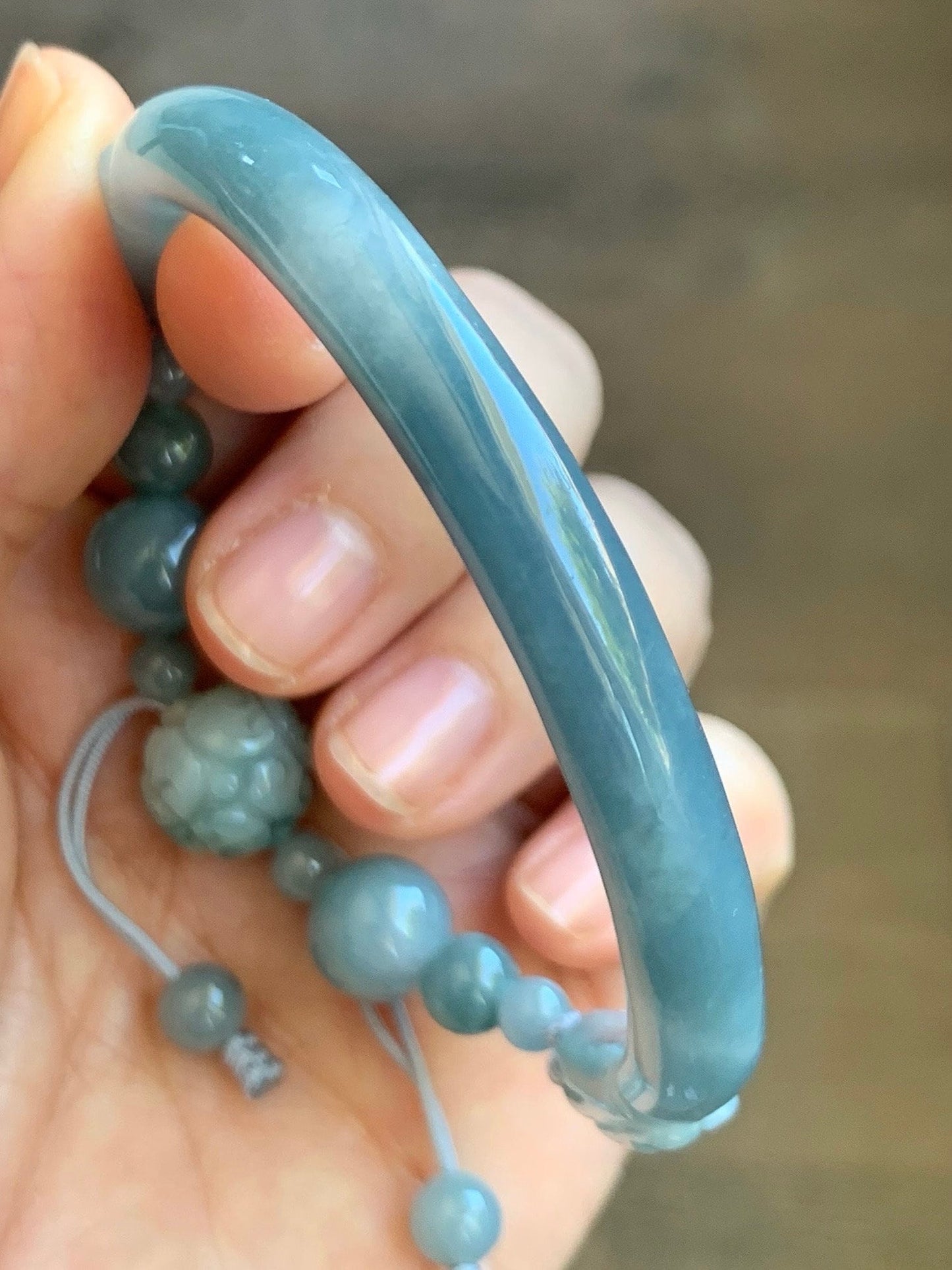 Natural Guatemalan Icy Translucent Dusty Blue Jadeite w/ Dark Teal Blue Marbling Open Bangle Beaded Bracelet 56.6mm 27g 天然冰胶危篮翡翠半镯手串