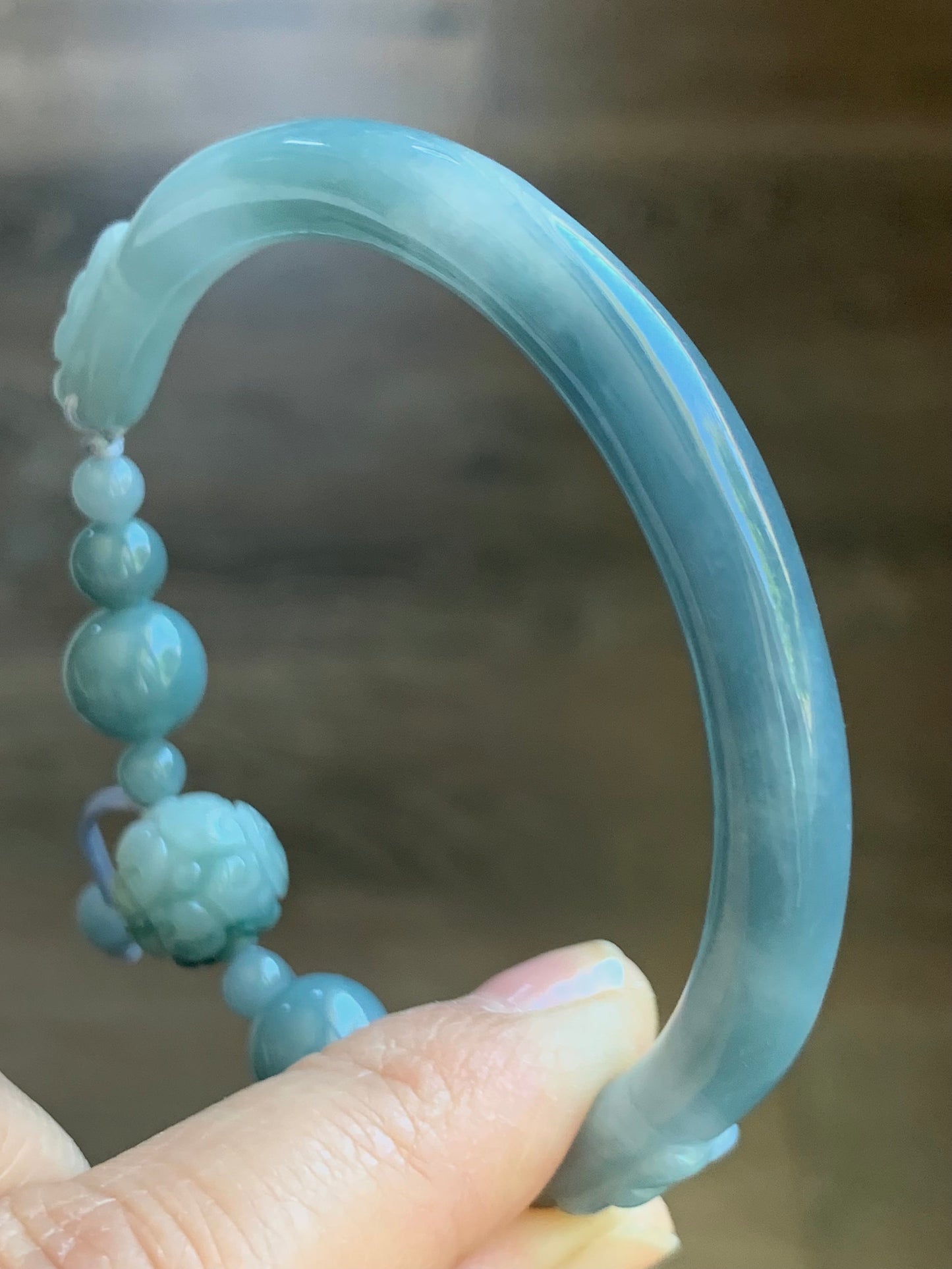 Natural Guatemalan Icy Translucent Dusty Blue Jadeite w/ Dark Teal Blue Marbling Open Bangle Beaded Bracelet 56.6mm 27g 天然冰胶危篮翡翠半镯手串