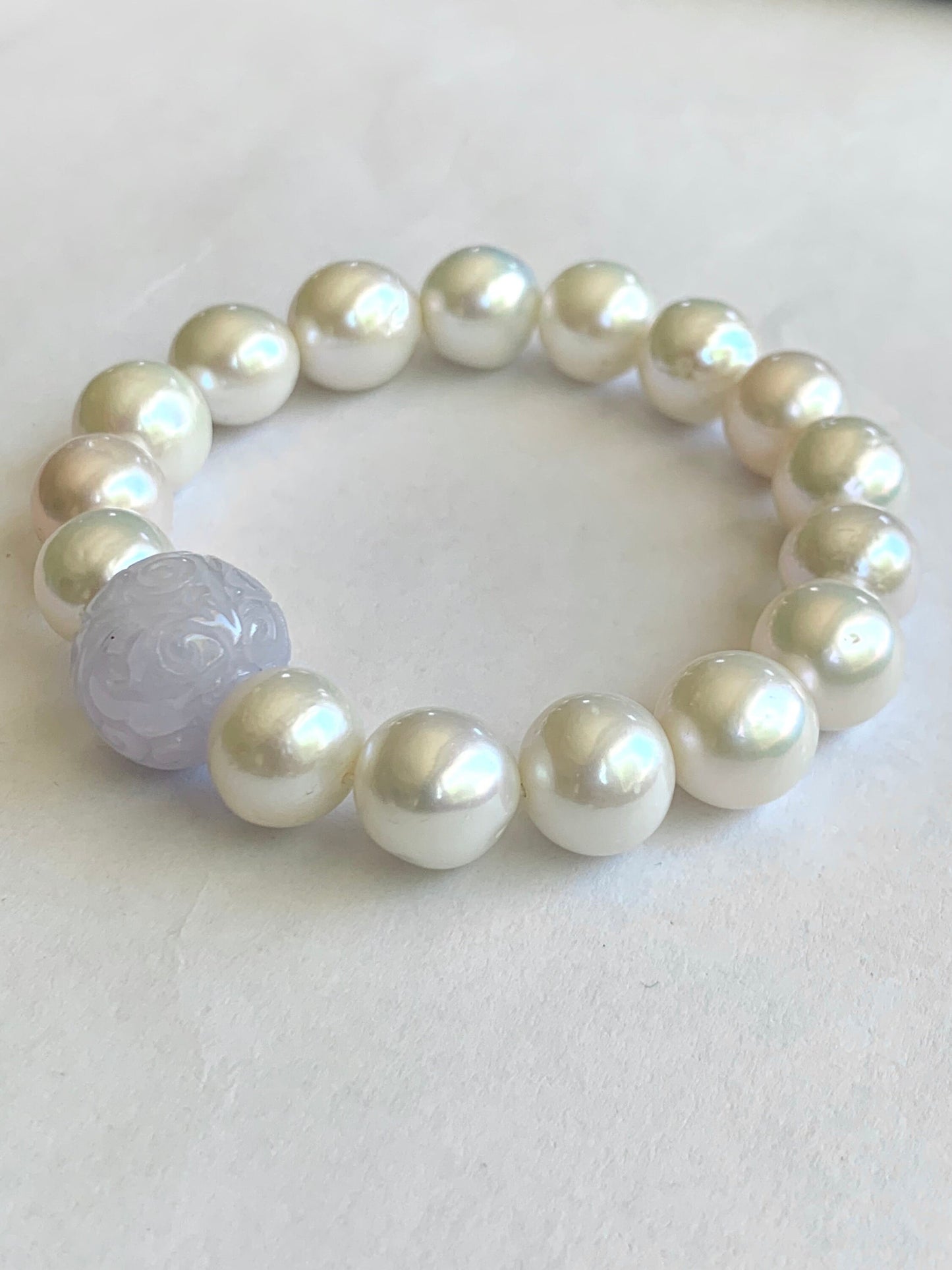 Natural Burmese Grade A Icy Translucent Light Purple Jadeite Drum Bead Large Natural Baroque Pearls Beaded Bracelet 7” 37g 天然缅甸冰紫翡翠鼓珠淡水大珍珠手串