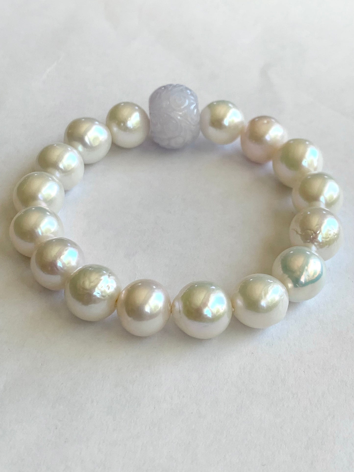 Natural Burmese Grade A Icy Translucent Light Purple Jadeite Drum Bead Large Natural Baroque Pearls Beaded Bracelet 7” 37g 天然缅甸冰紫翡翠鼓珠淡水大珍珠手串