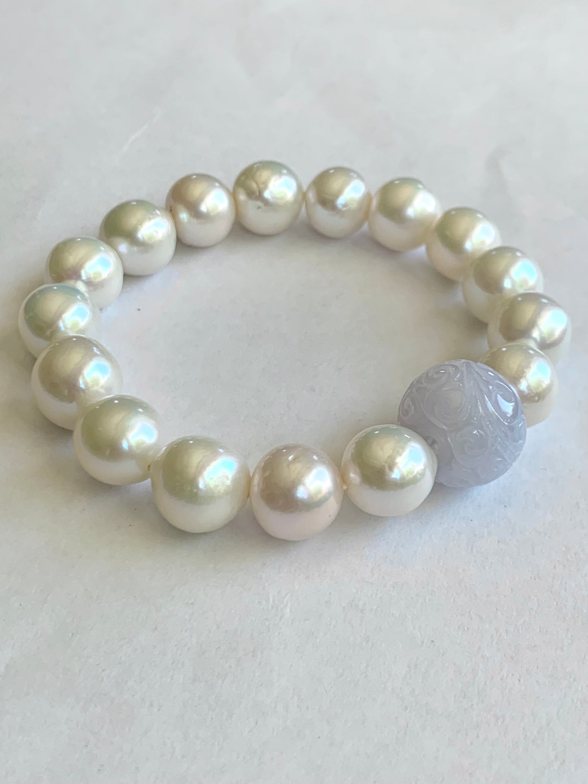 Natural Burmese Grade A Icy Translucent Light Purple Jadeite Drum Bead Large Natural Baroque Pearls Beaded Bracelet 7” 37g 天然缅甸冰紫翡翠鼓珠淡水大珍珠手串