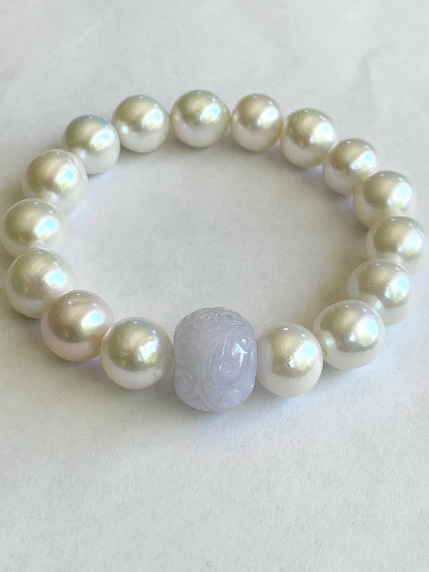 Natural Burmese Grade A Icy Translucent Light Purple Jadeite Drum Bead Large Natural Baroque Pearls Beaded Bracelet 7” 37g 天然缅甸冰紫翡翠鼓珠淡水大珍珠手串