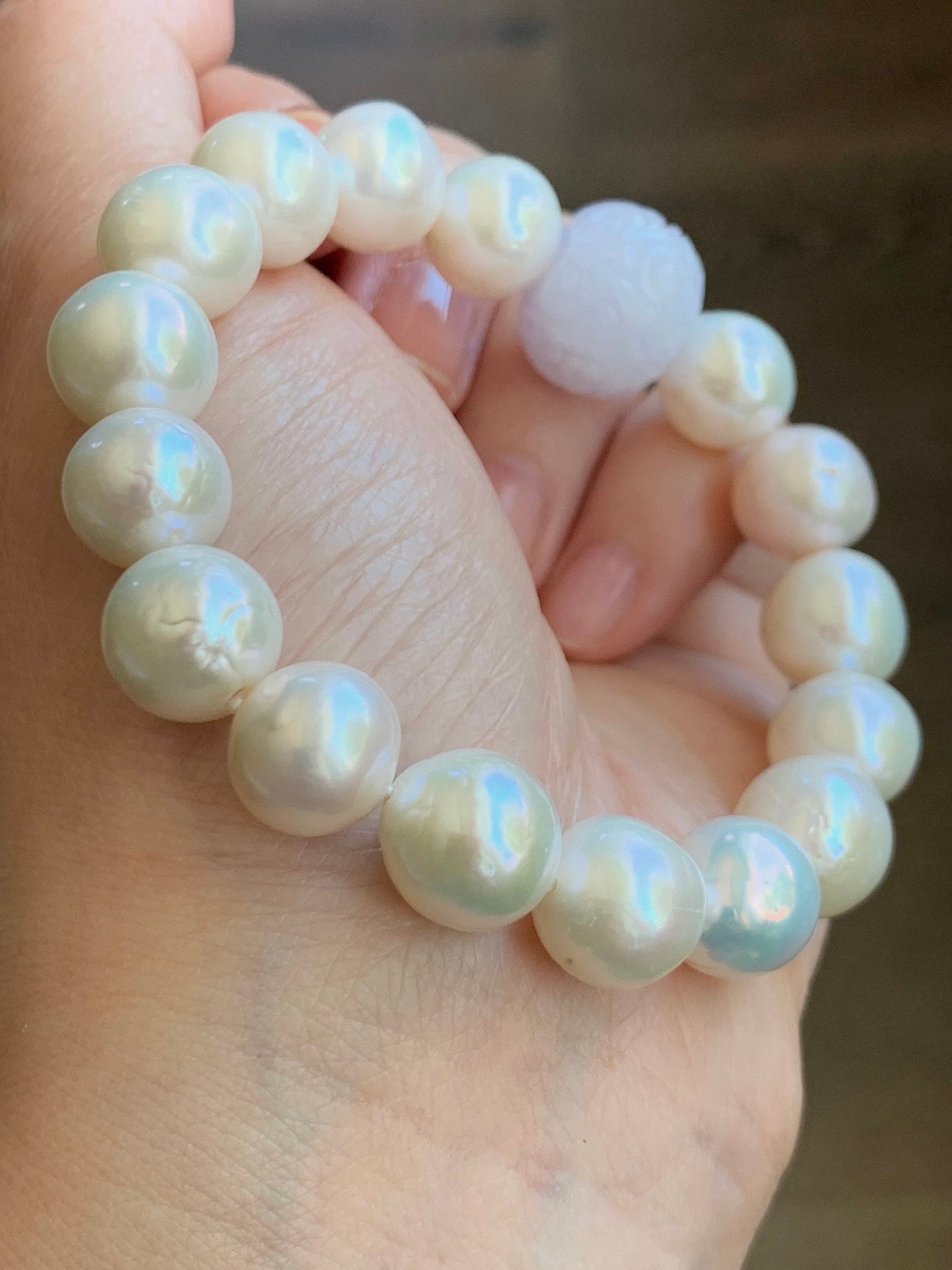 Natural Burmese Grade A Icy Translucent Light Purple Jadeite Drum Bead Large Natural Baroque Pearls Beaded Bracelet 7” 37g 天然缅甸冰紫翡翠鼓珠淡水大珍珠手串