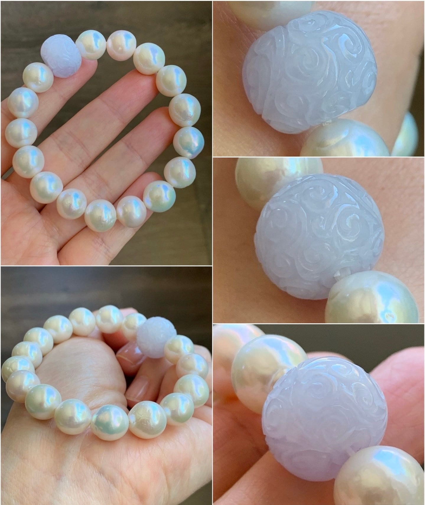 Natural Burmese Grade A Icy Translucent Light Purple Jadeite Drum Bead Large Natural Baroque Pearls Beaded Bracelet 7” 37g 天然缅甸冰紫翡翠鼓珠淡水大珍珠手串