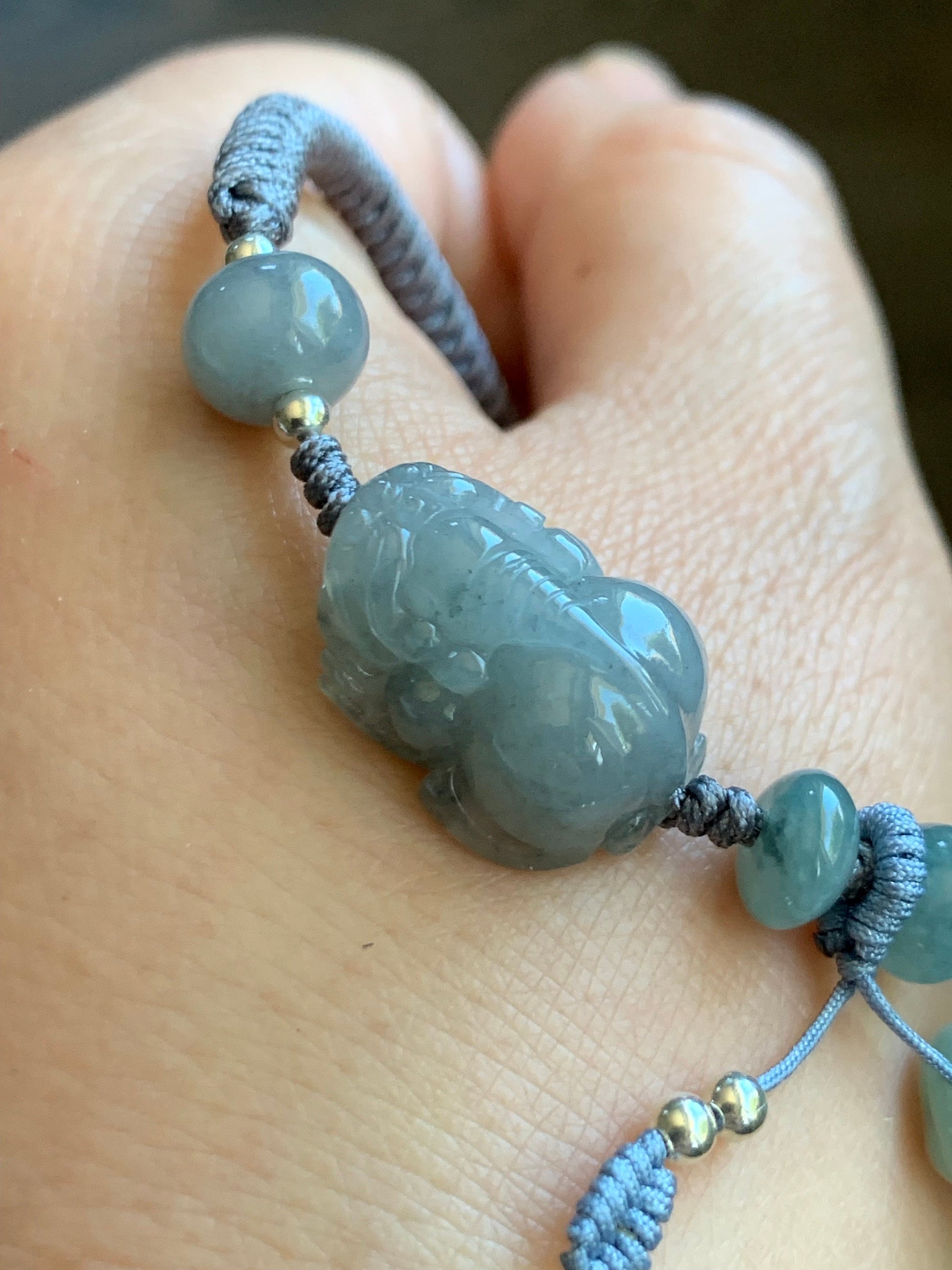 Natural Burmese Icy Translucent Gelatinous Wuji Jadeite Pixiu Jadeite Drum Beads & Paw Charm Rope Bracelet 6.5” Adjustable 天然缅甸冰胶乌鸡翡翠貔貅爪印手绳