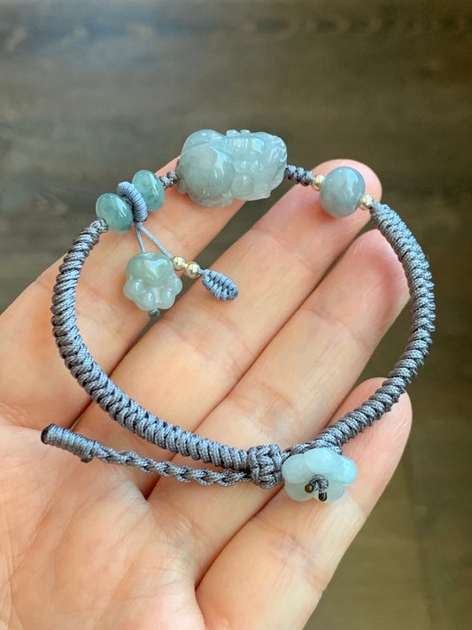 Natural Burmese Icy Translucent Gelatinous Wuji Jadeite Pixiu Jadeite Drum Beads & Paw Charm Rope Bracelet 6.5” Adjustable 天然缅甸冰胶乌鸡翡翠貔貅爪印手绳