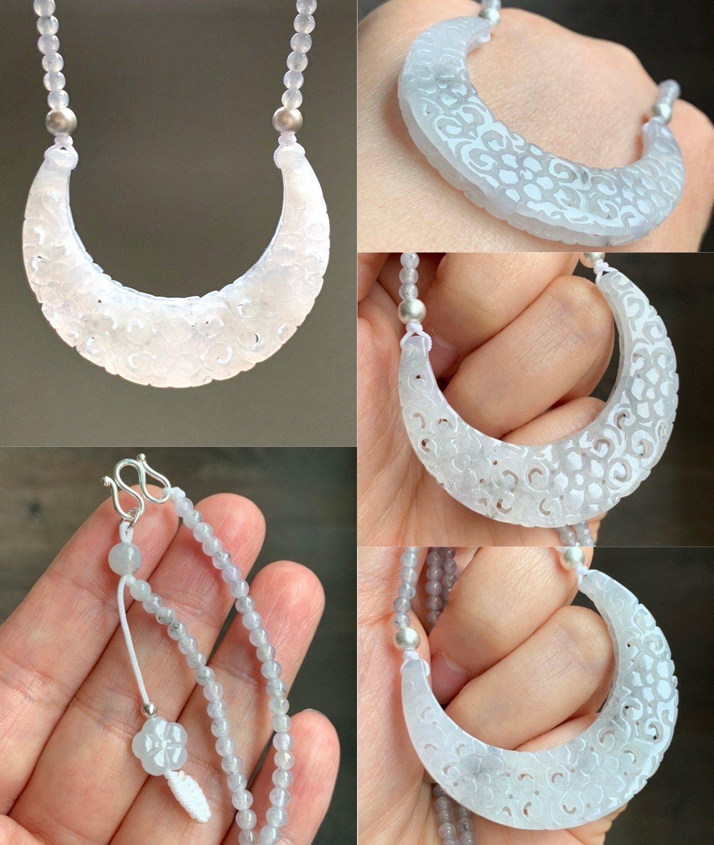 Natural Burmese Icy White Wuji Jadeite Openwork Engraved Crescent Moon Pendant Sterling Silver Beaded Necklace 17” 天然缅甸冰胶乌鸡翡翠镂空雕弯月玉横小圆珠项链