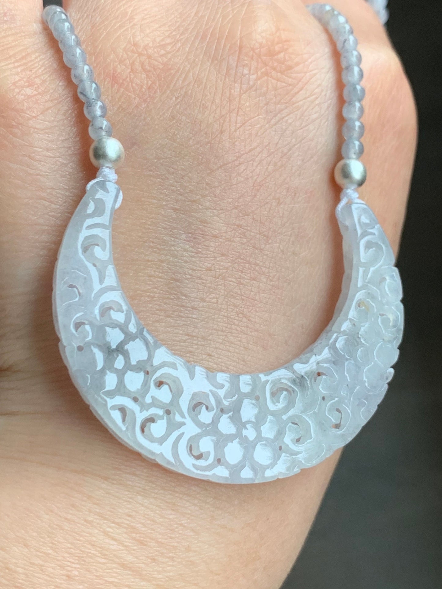 Natural Burmese Icy White Wuji Jadeite Openwork Engraved Crescent Moon Pendant Sterling Silver Beaded Necklace 17” 天然缅甸冰胶乌鸡翡翠镂空雕弯月玉横小圆珠项链