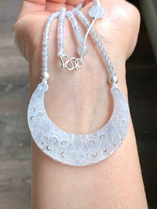 Natural Burmese Icy White Wuji Jadeite Openwork Engraved Crescent Moon Pendant Sterling Silver Beaded Necklace 17” 天然缅甸冰胶乌鸡翡翠镂空雕弯月玉横小圆珠项链